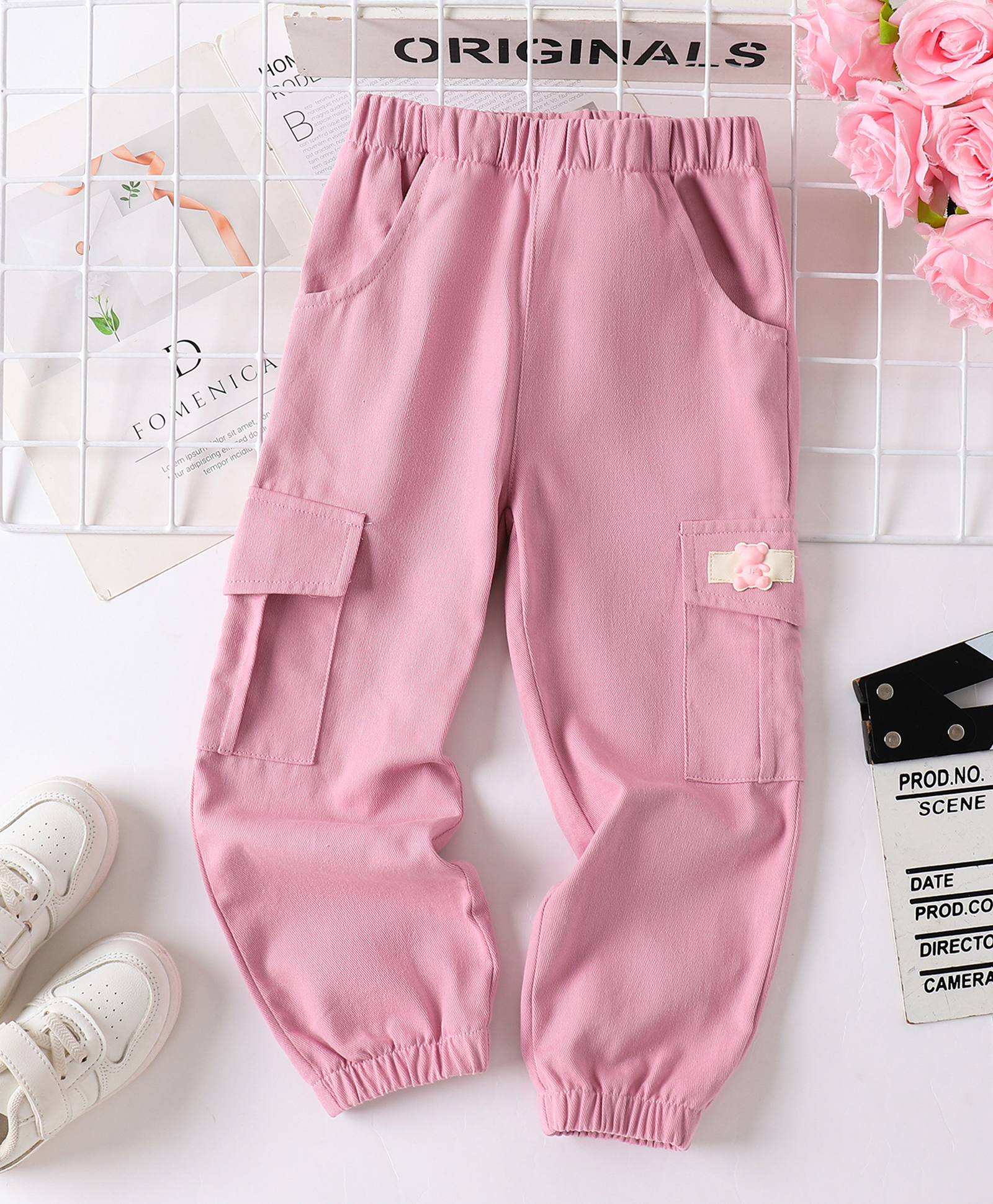Mark & Mia Cotton Full Length Solid Colour Lounge Pant with Cargo Pockets & Bear Patch - Pink-picture-23