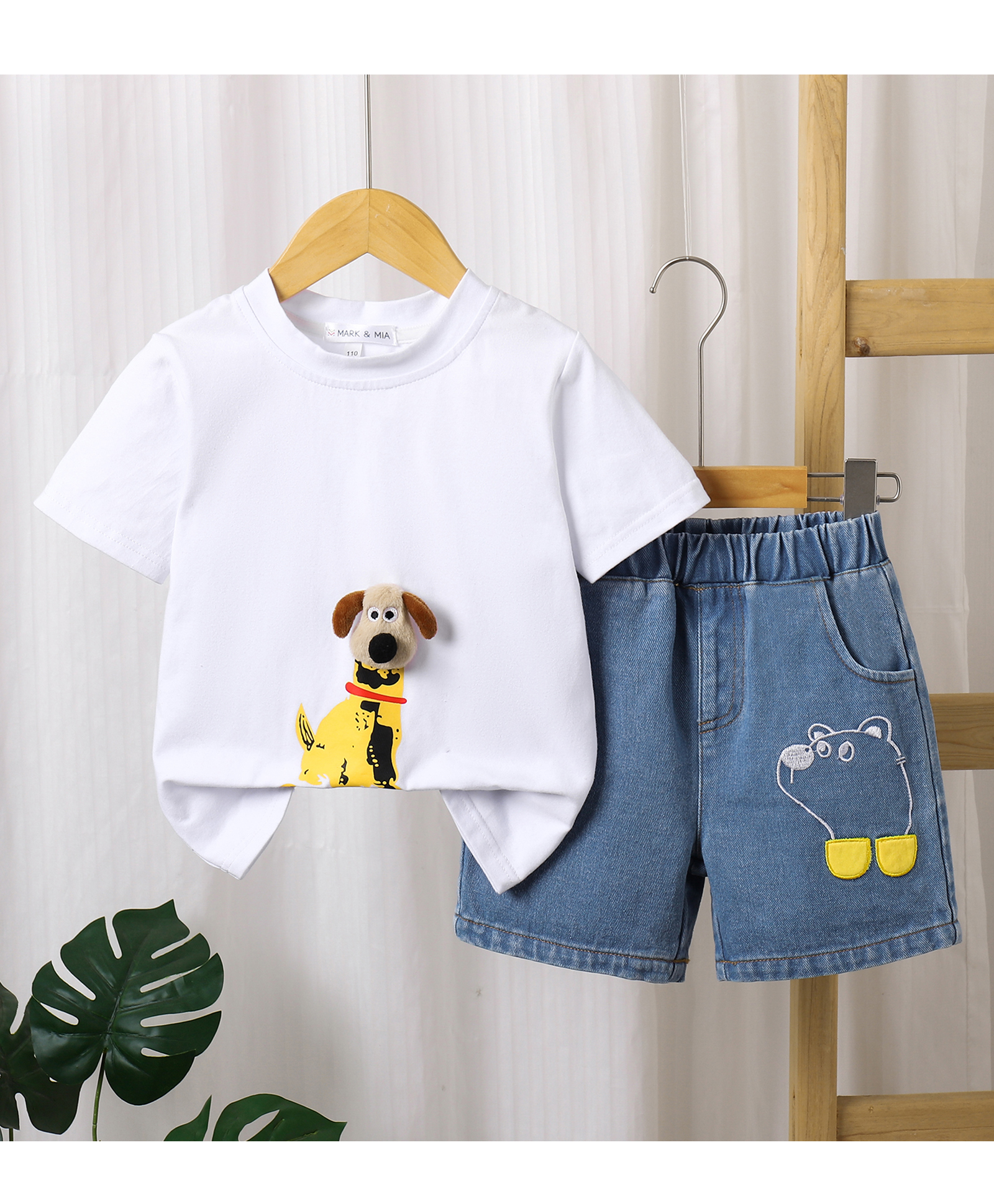 Mark & Mia Cotton Half Sleeves T-Shirt & Shorts Set With Dog Applique - White-picture-15