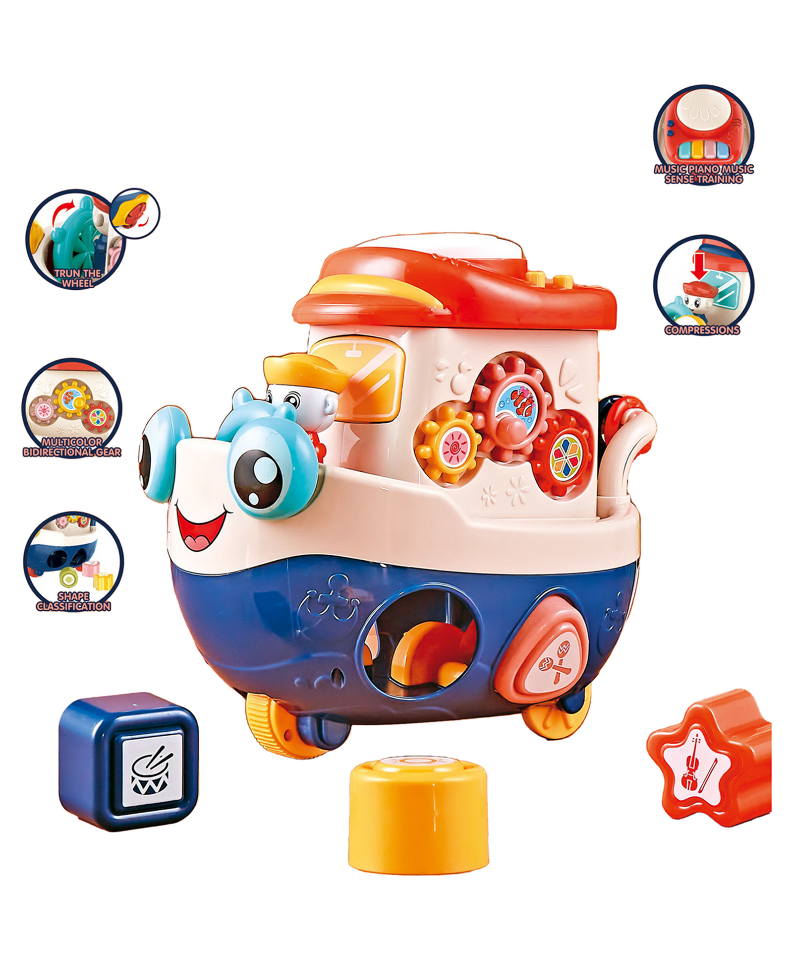 Zyamalox Boat Shaped Toy Baby Toy with Piano Flash Drum Gears Shape Sorter, Light Sound Friction Toy, Non Toxic Baby Toy, Premium Kids Toys, Birthday Gift - Multicolor-picture-21
