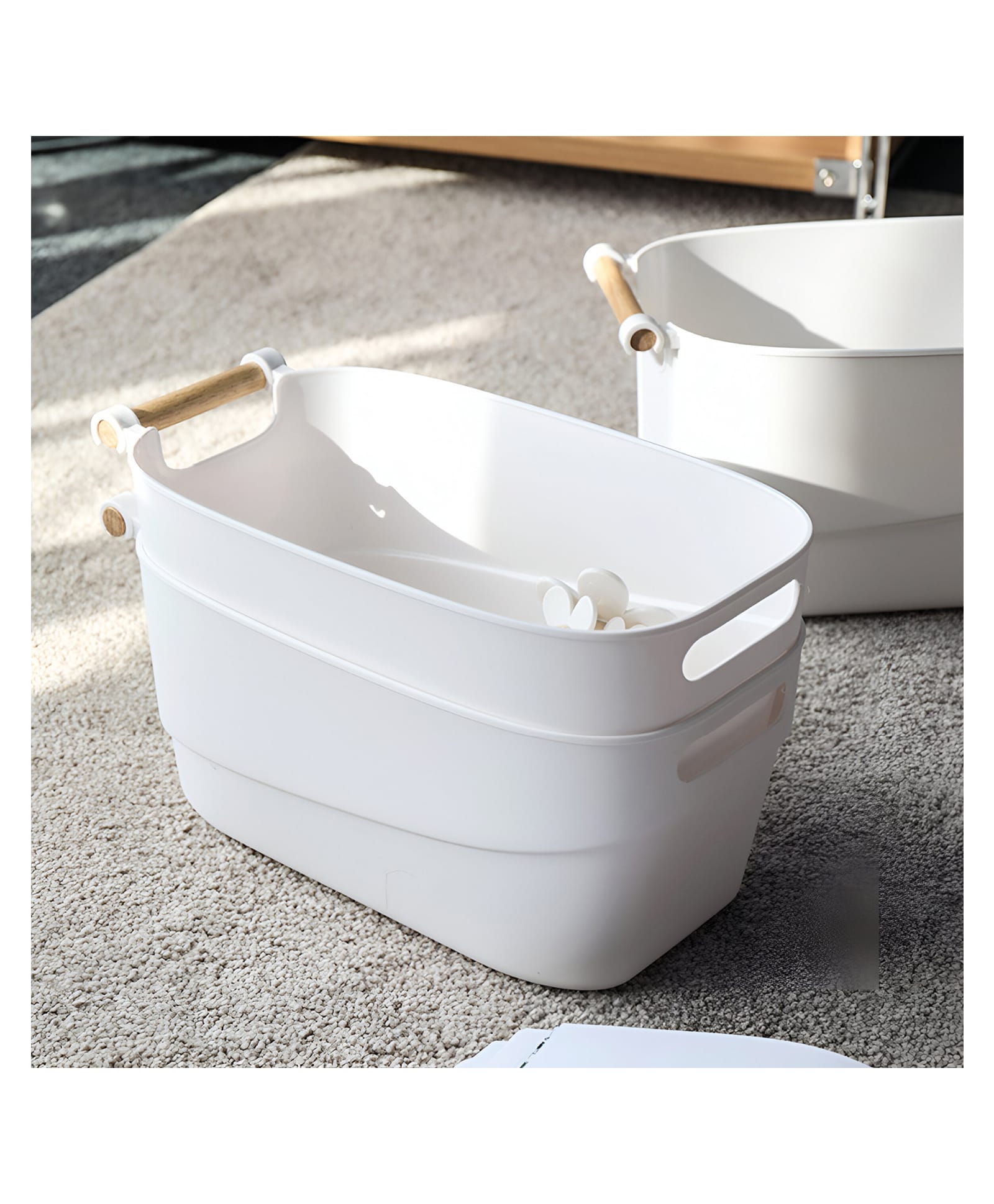 STOR Storage Bin with Wooden Handle, 3.5 L | White |Polypropylene Storage Container | Home Organizer-image-3