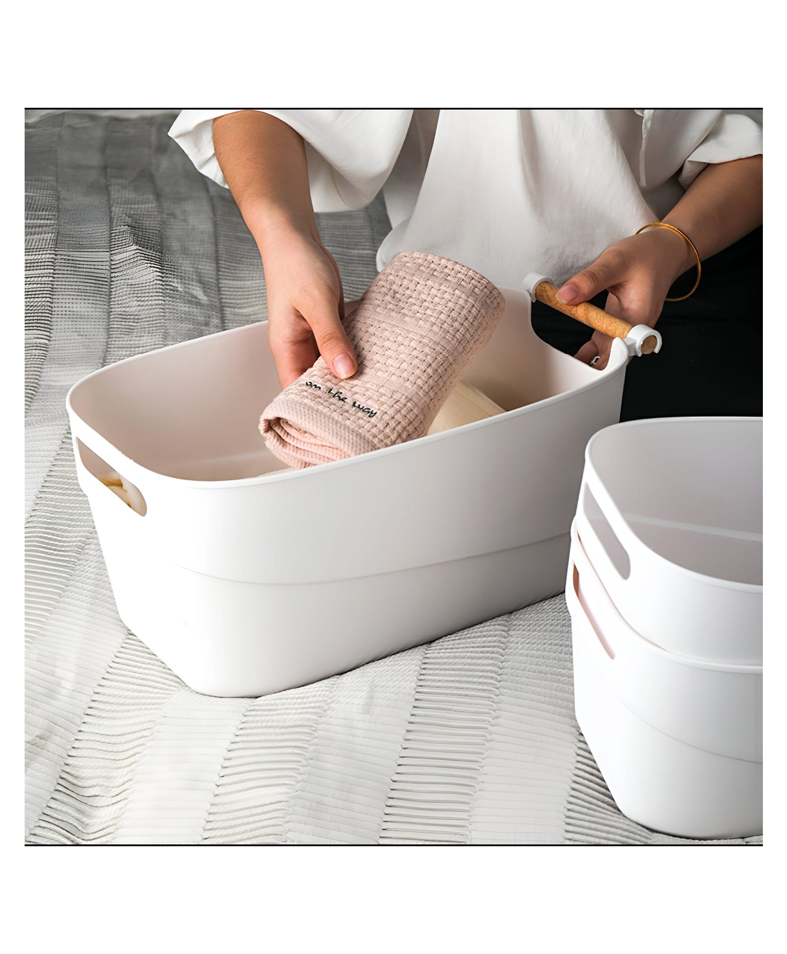 STOR Storage Bin with Wooden Handle, 8L | White |Polypropylene Storage Container | Home Organizer-image-43