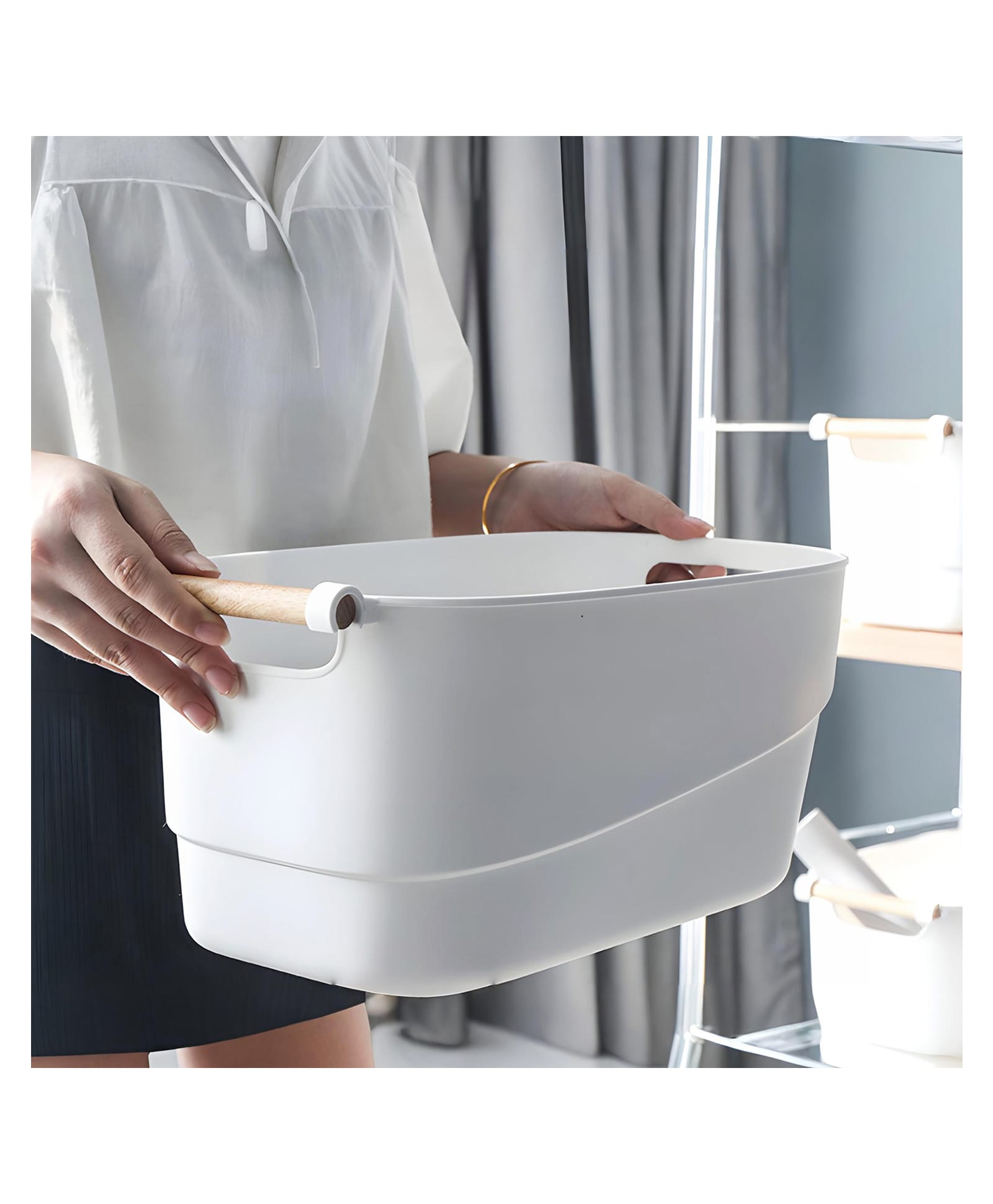 STOR Storage Bin with Wooden Handle, 14.5L | White |Polypropylene Storage Container | Home Organizer-image-42
