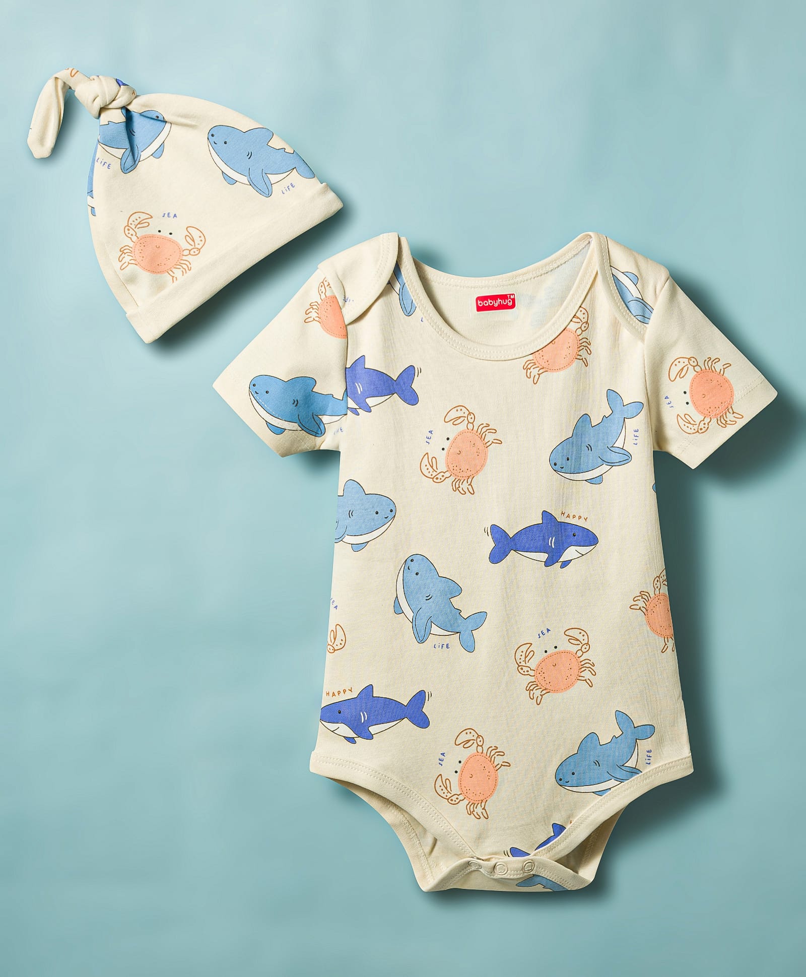 Babyhug 100% Cotton Knit Sea Life Printed Onesies With Cap - Multicolor-image-36