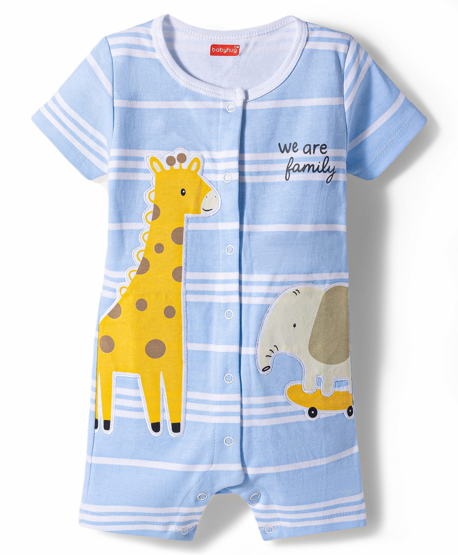 Babyhug 100% Cotton Knit Half Sleeves Striped Giraffe & Elephant Embroidered Romper - Multicolor-image-46