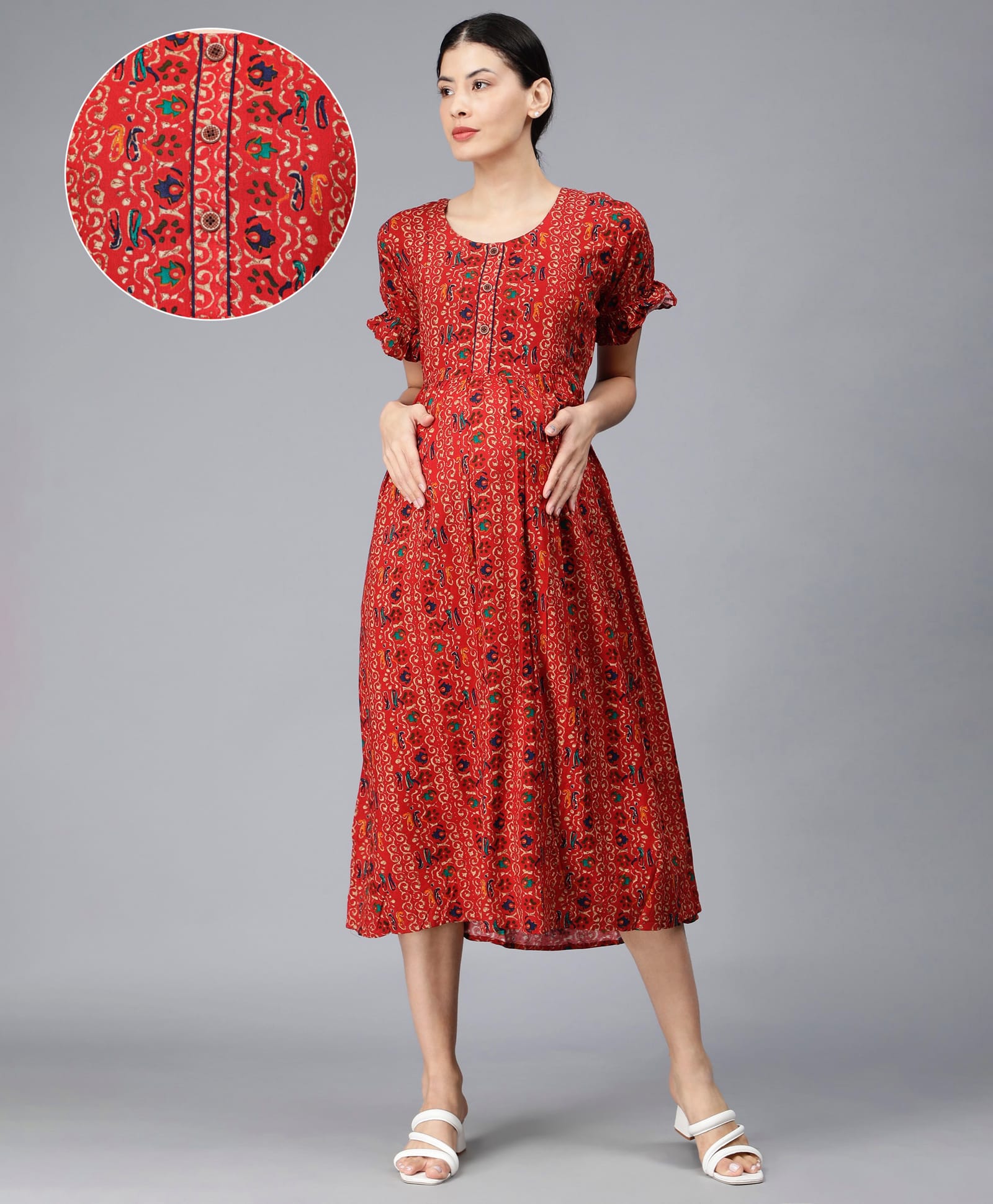 NIGHTSPREE Viscose Rayon Woven Half Sleeves Ethnic Printed Maternity Dress With Side Zipper Nursing Access - Red-picture-31