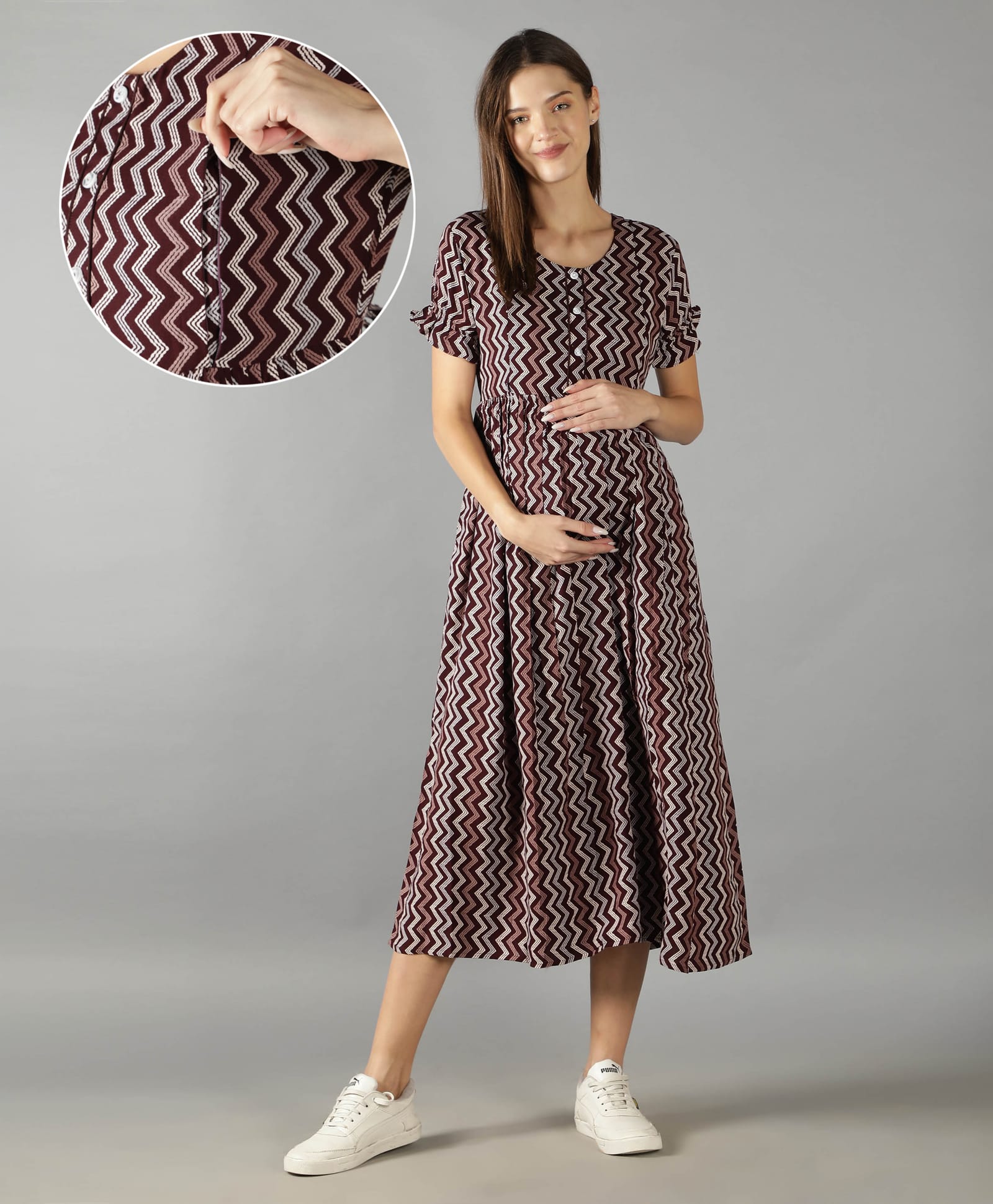 NIGHTSPREE Viscose Rayon Woven Half Sleeves Chevron Printed Maternity Dress With Side Zipper Nursing Access - Maroon-picture-25