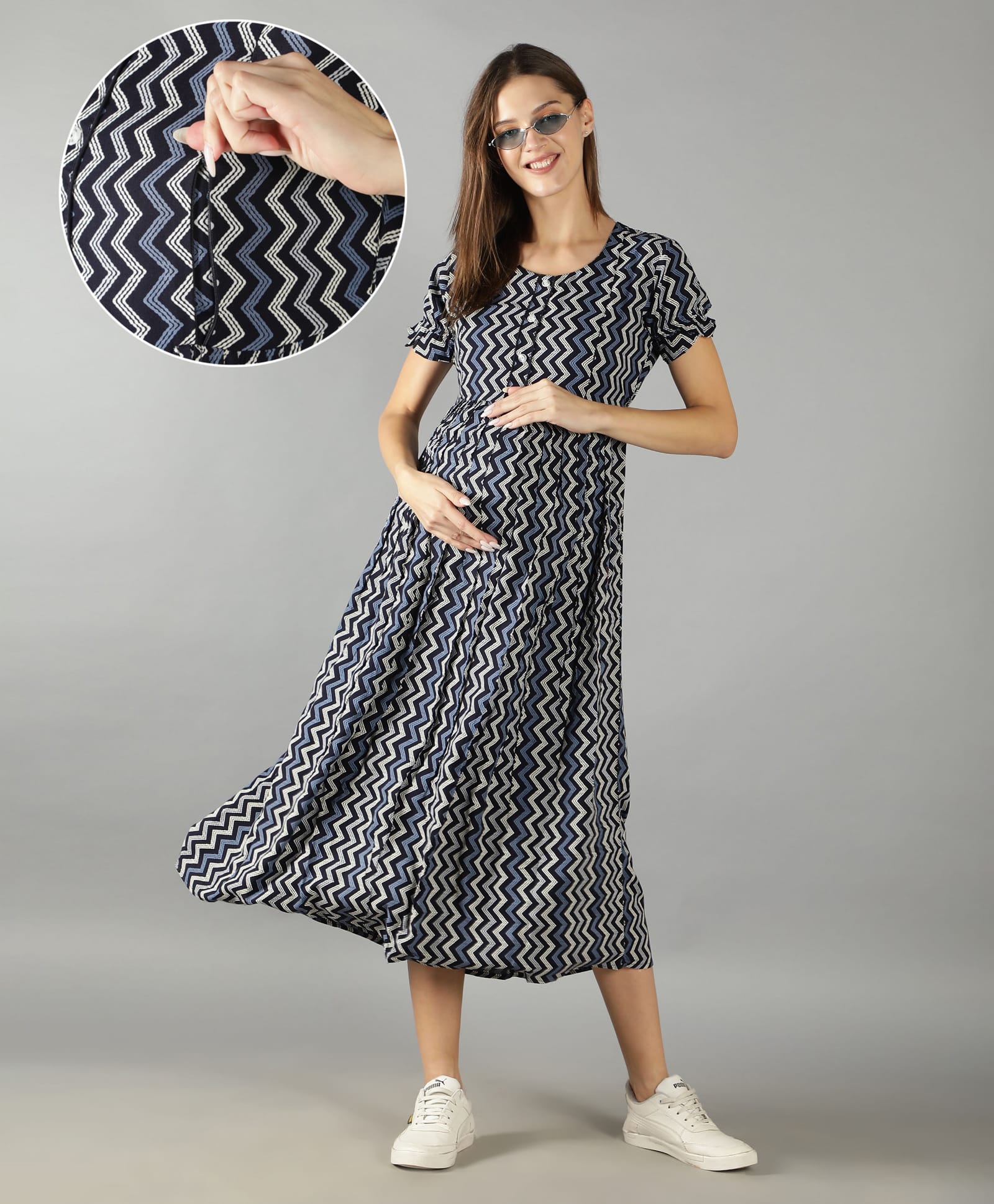 NIGHTSPREE Viscose Rayon Woven Half Sleeves Chevron Printed Maternity Dress With Side Zipper Nursing Access --picture-15