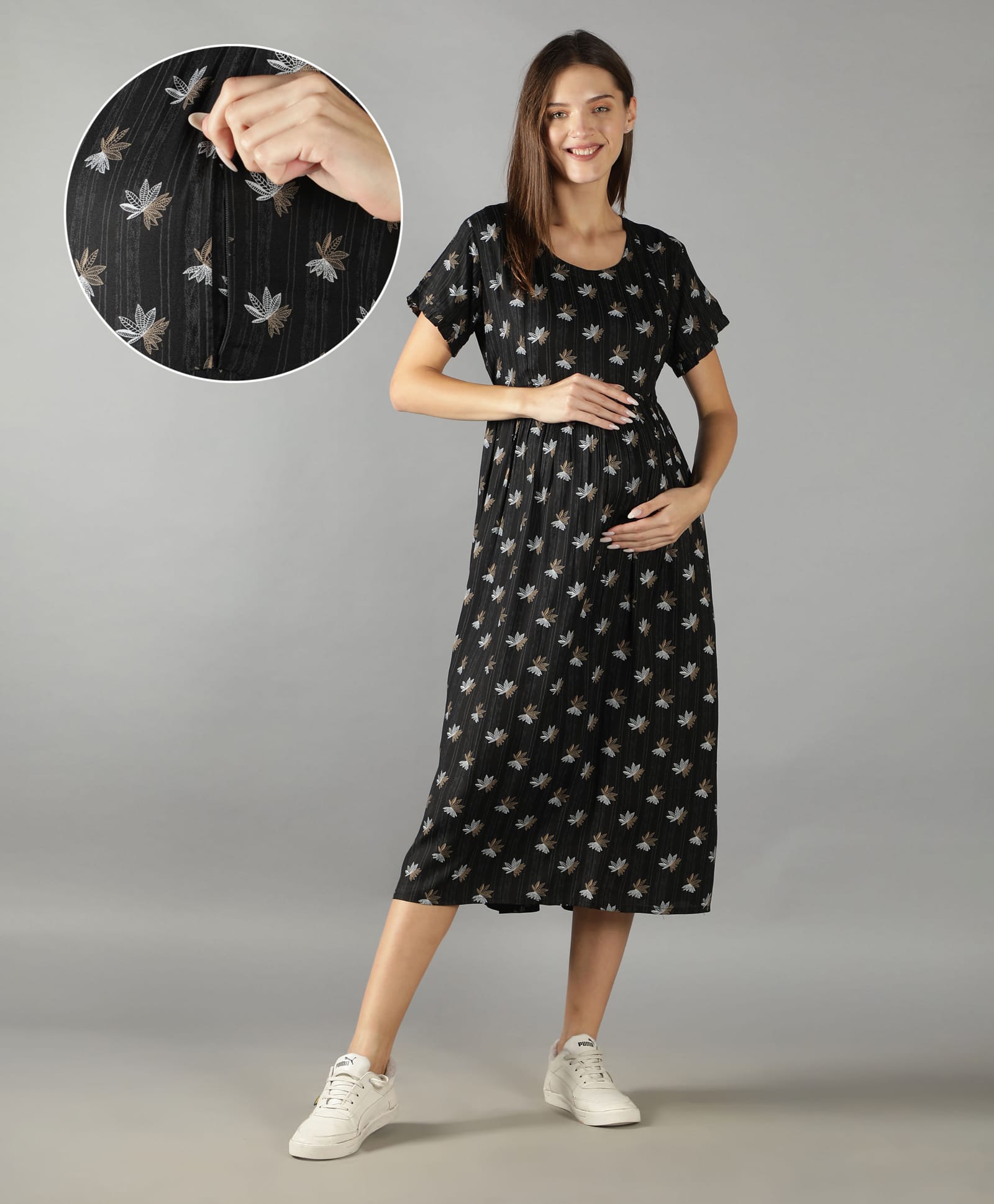 NIGHTSPREE Cotton Woven Half Sleeves Leaves Printed Maternity Dress With Side Zipper Nursing Access - Black-picture-32