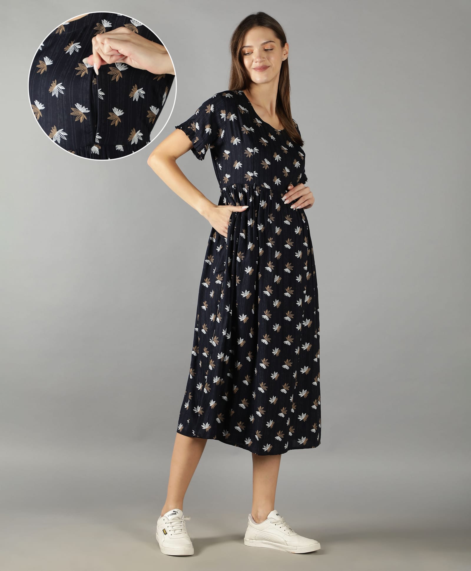 NIGHTSPREE Cotton Woven Half Sleeves Leaves Printed Maternity Dress With Side Zipper Nursing Access - Navy Blue-image-37