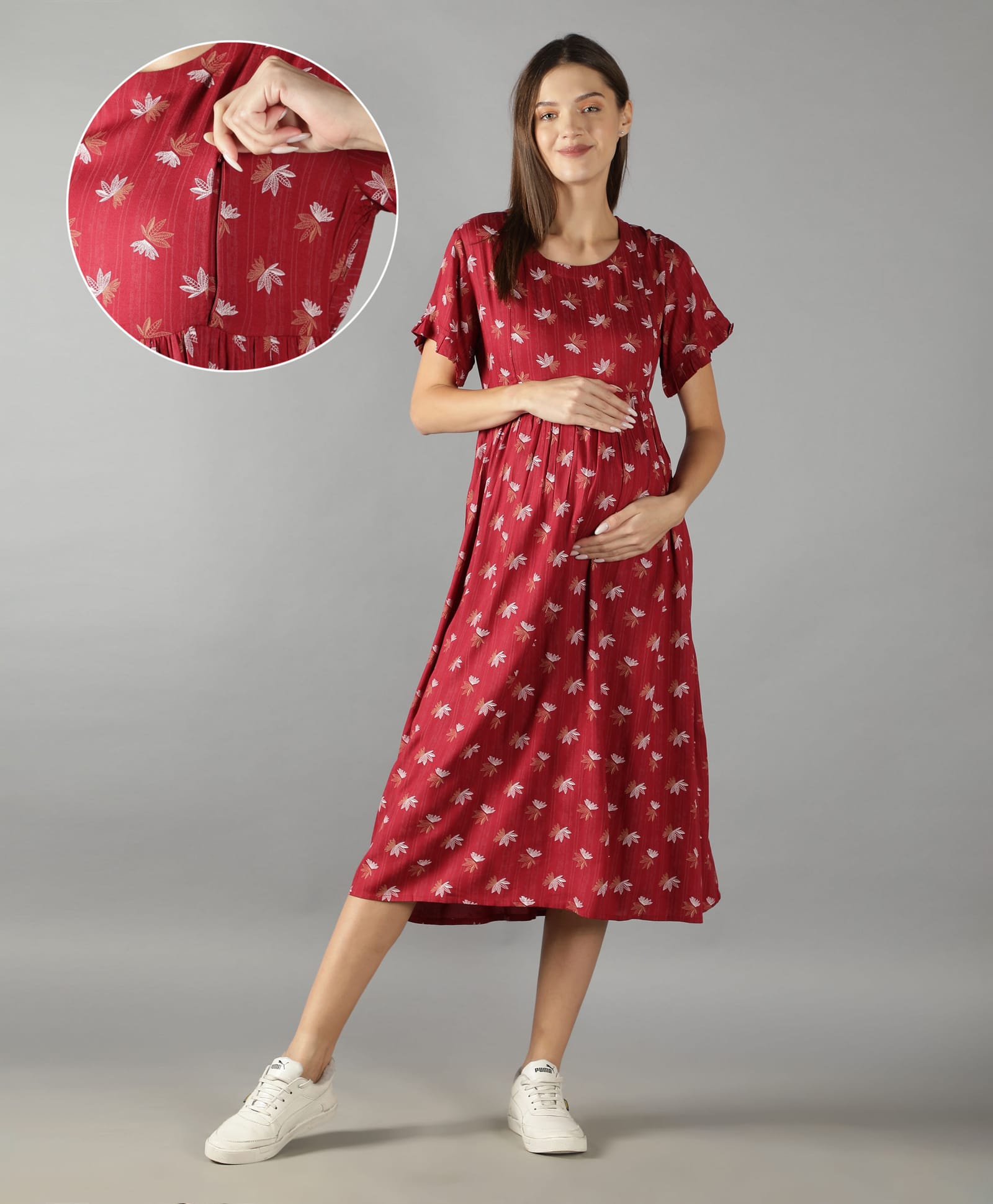 NIGHTSPREE Cotton Woven Half Sleeves Leaves Printed Maternity Dress With Side Zipper Nursing Access - Red-image-40
