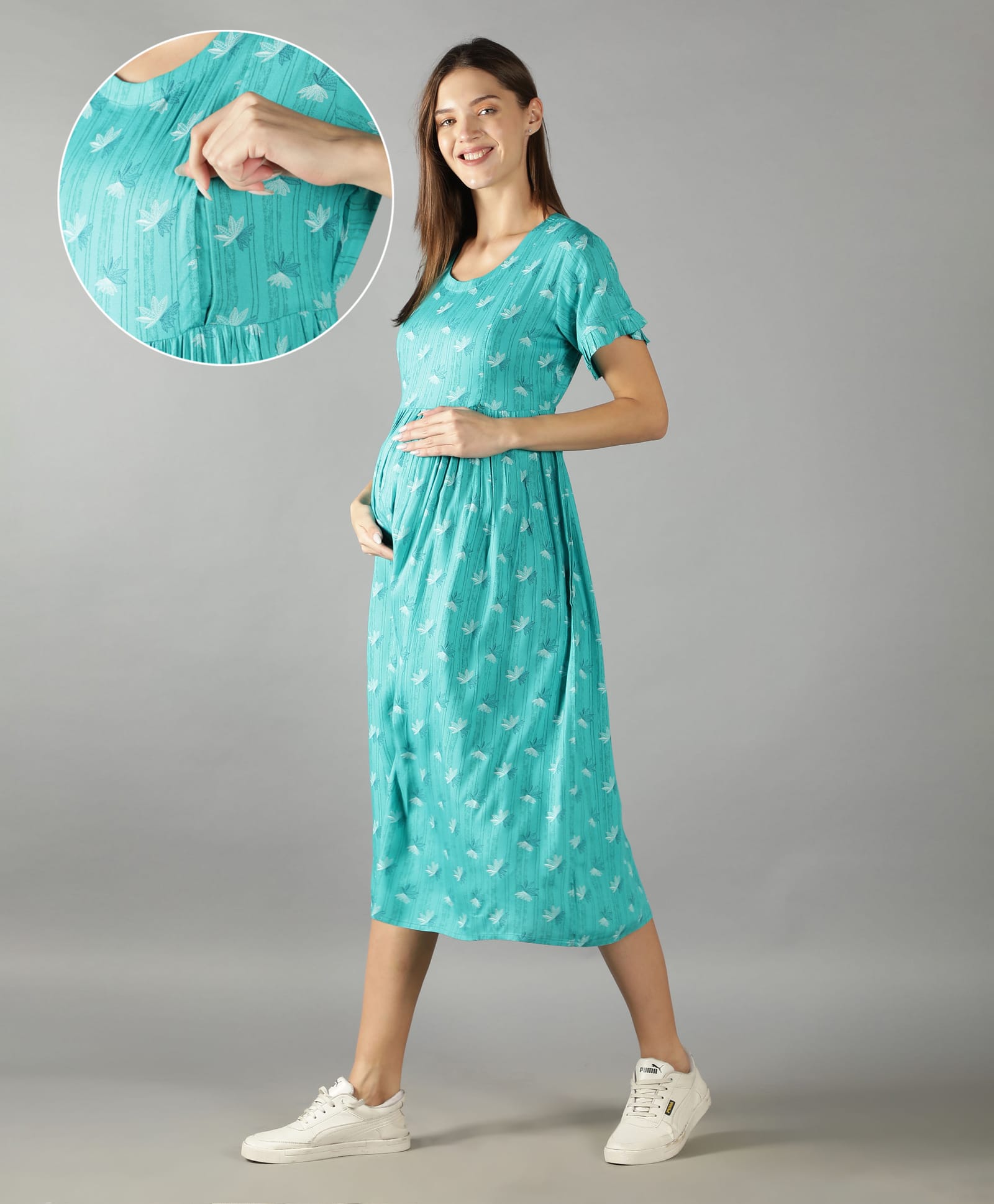 NIGHTSPREE Cotton Woven Half Sleeves Leaves Printed Maternity Dress With Side Zipper Nursing Access - Sky Blue-picture-33