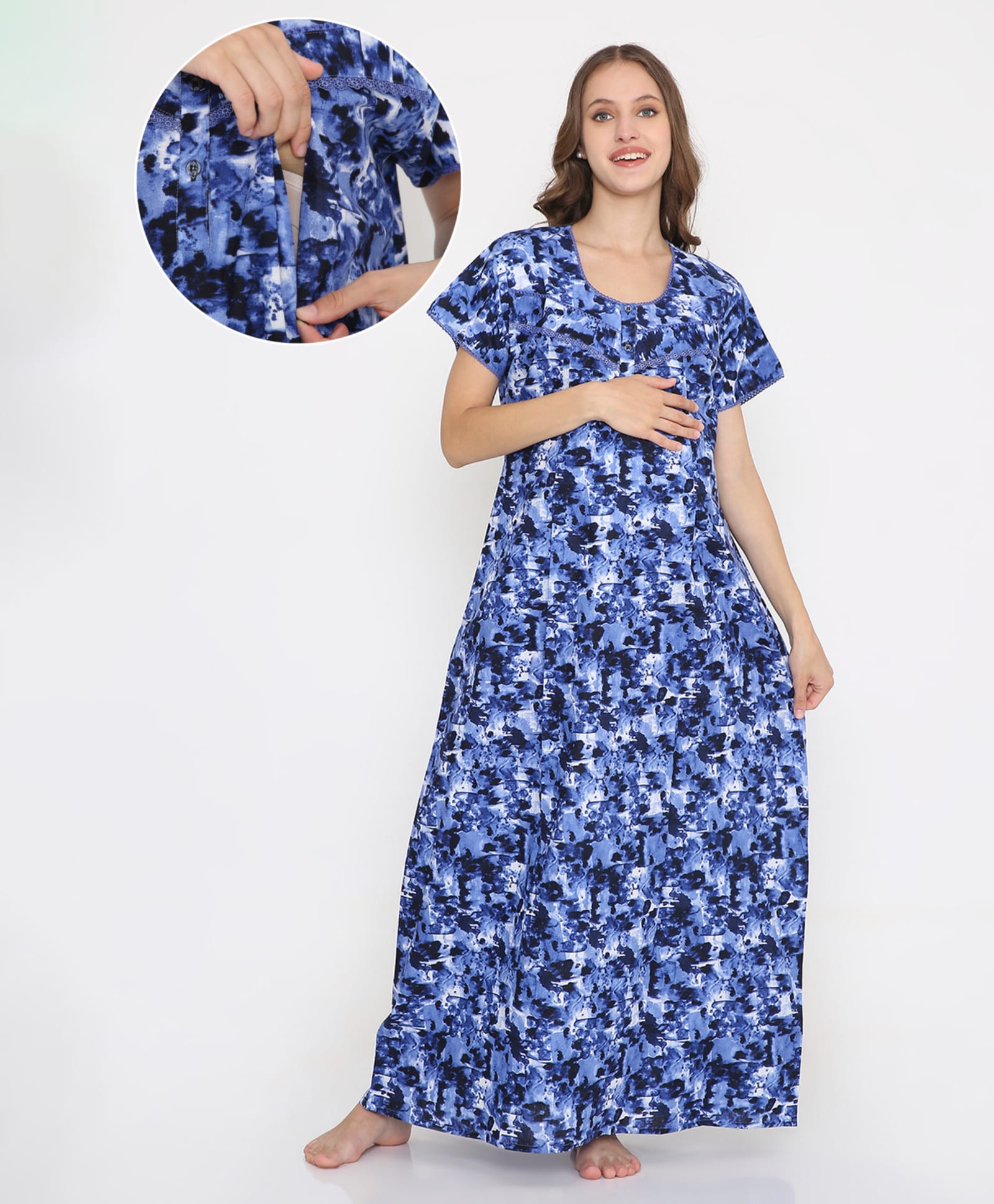 NIGHTSPREE Cotton Woven Half Sleeves Abstract Printed Maternity Nighty With Side Zipper Nursing Access - Blue-image-41