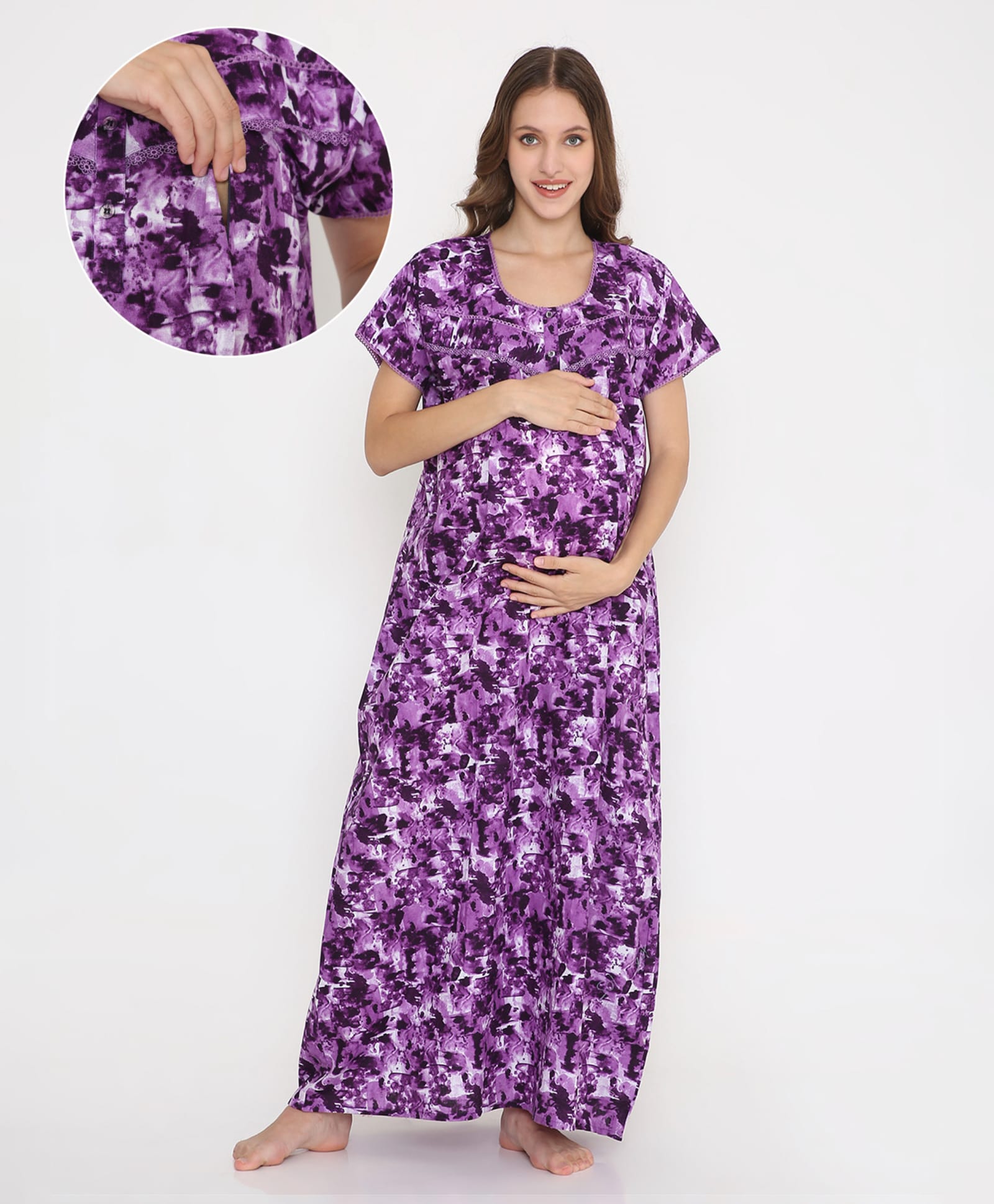 NIGHTSPREE Cotton Woven Half Sleeves Abstract Printed Maternity Nighty With Side Zipper Nursing Access - Purple-image-38
