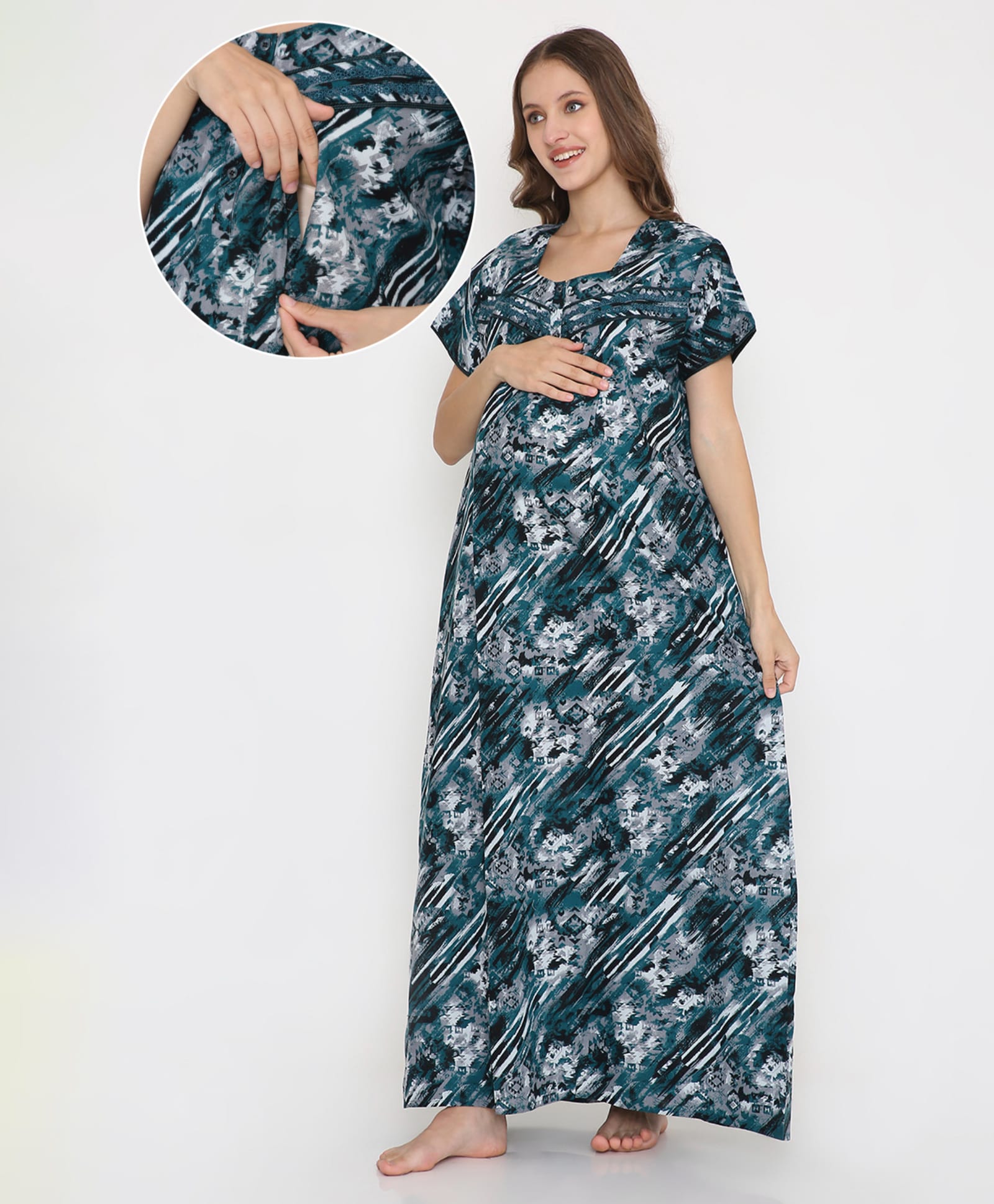 NIGHTSPREE Cotton Woven Half Sleeves Abstract Printed Maternity Nighty With Side Zipper Nursing Access - Green-image-37