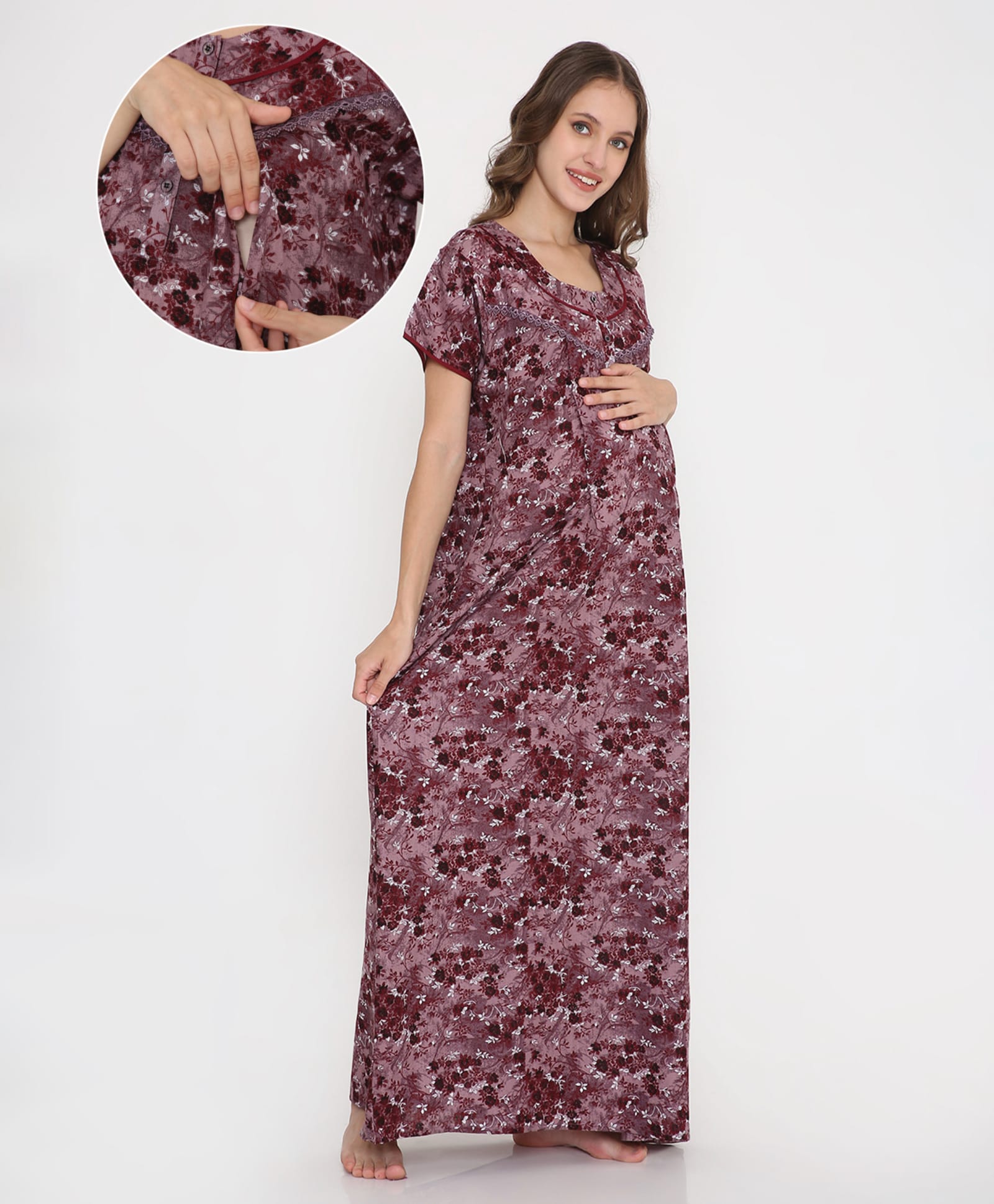 NIGHTSPREE Cotton Woven Half Sleeves Floral Printed Maternity Nighty With Side Zipper Nursing Access - Maroon-picture-26