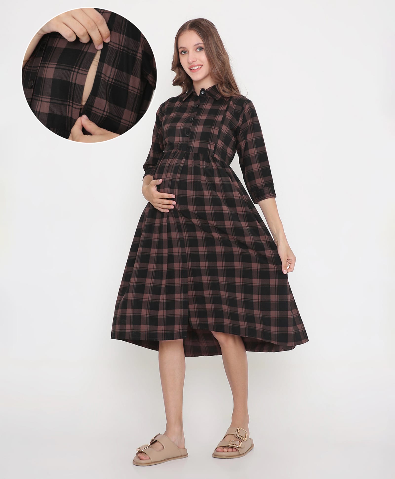 NIGHTSPREE Cotton Woven Three Fourth Sleeves Checked Maternity Dress With Side Zipper Nursing Access - Brown