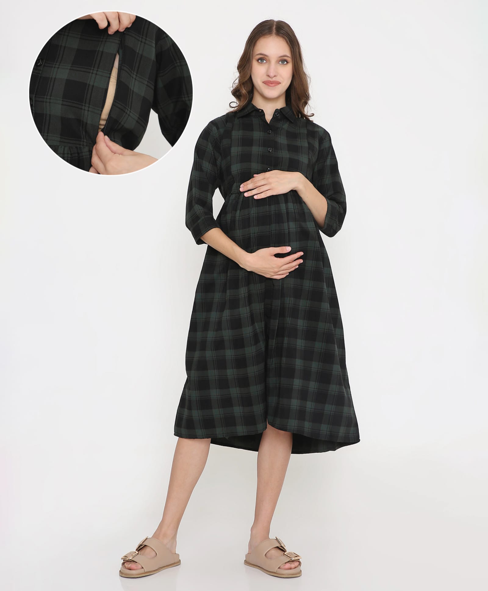 NIGHTSPREE Cotton Woven Three Fourth Sleeves Checked Maternity Dress With Side Zipper Nursing Access - Green-image-38