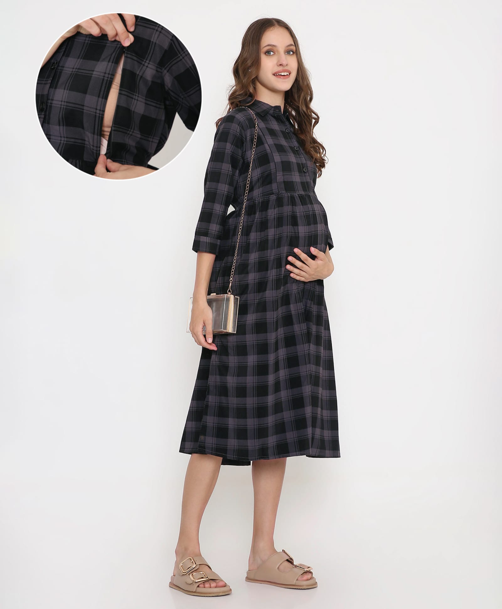 NIGHTSPREE Cotton Woven Three Fourth Sleeves Checked Maternity Dress With Side Zipper Nursing Access - Grey-image-25