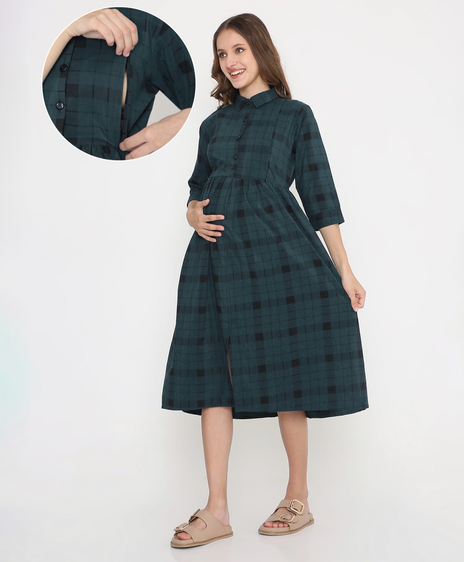 NIGHTSPREE Cotton Woven Three Fourth Sleeves Checked Maternity Dress With Side Zipper Nursing Access - Green-image-46