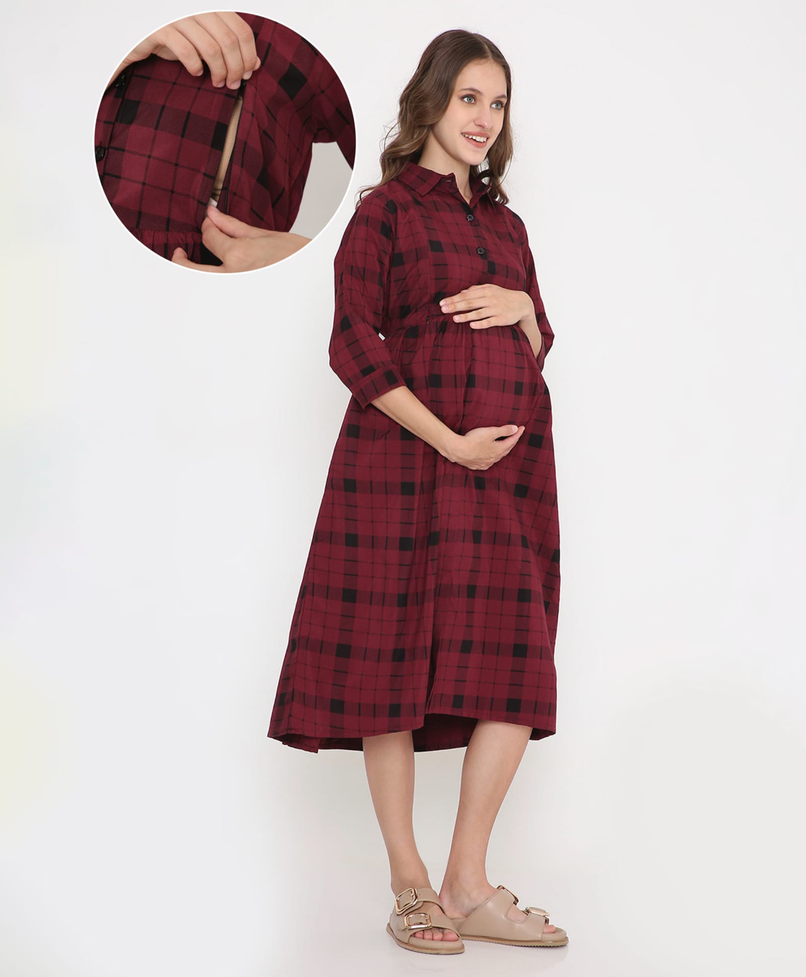 NIGHTSPREE Cotton Woven Three Fourth Sleeves Checked Maternity Dress With Side Zipper Nursing Access - Maroon-picture-37