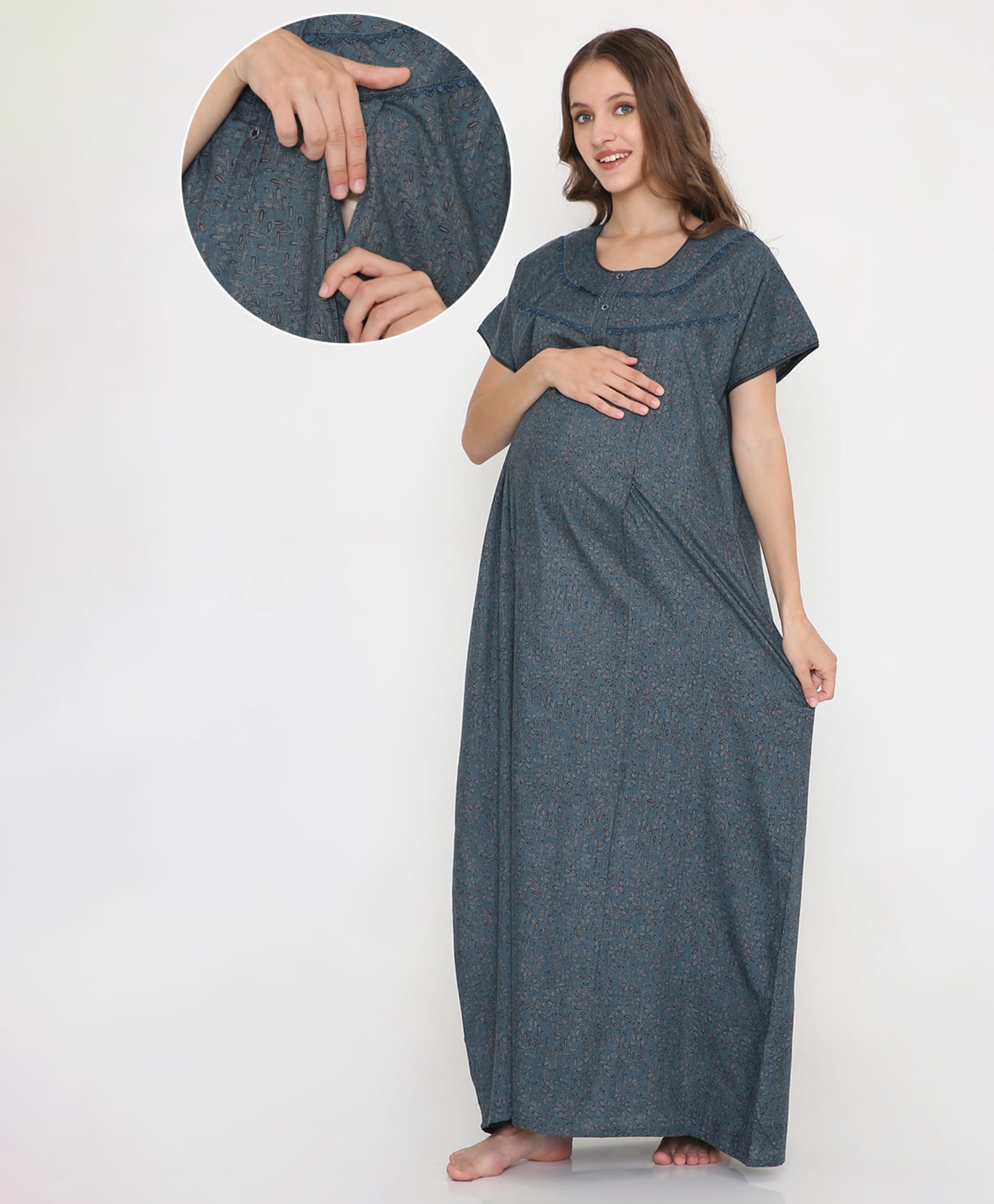 NIGHTSPREE Pure Cotton Woven Half Sleeves Leaves Printed Maternity Nighty With Side Zipper Nursing Access - Sea Green-image-23