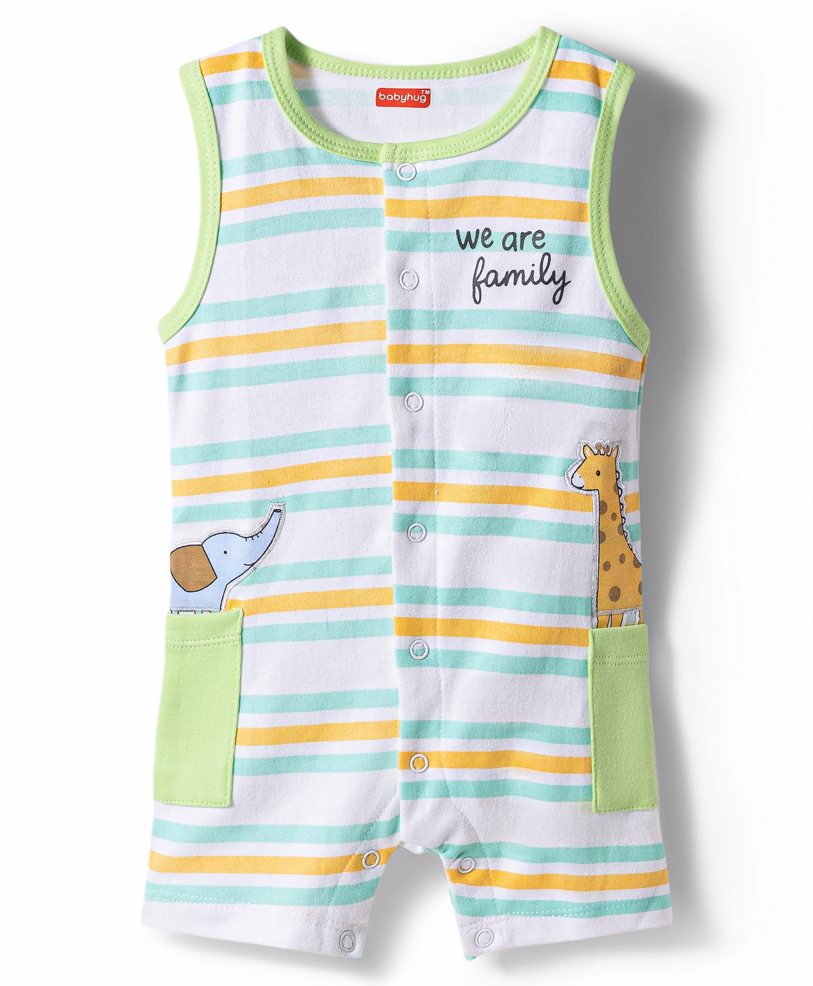 Babyhug 100% Cotton Knit Sleeveless Striped & Animal Embroidered Romper - Multicolor-image-13