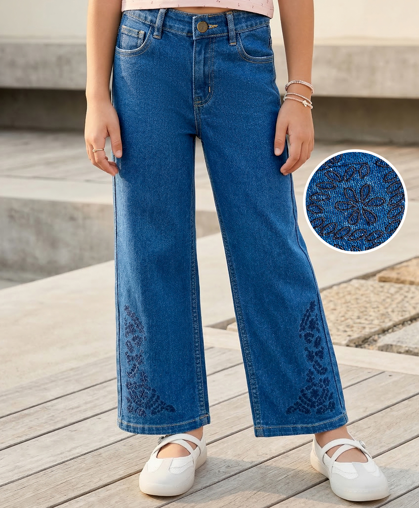 Pine Kids Denim Woven Full Length Jeans with Floral Embroidery - Blue-picture-35
