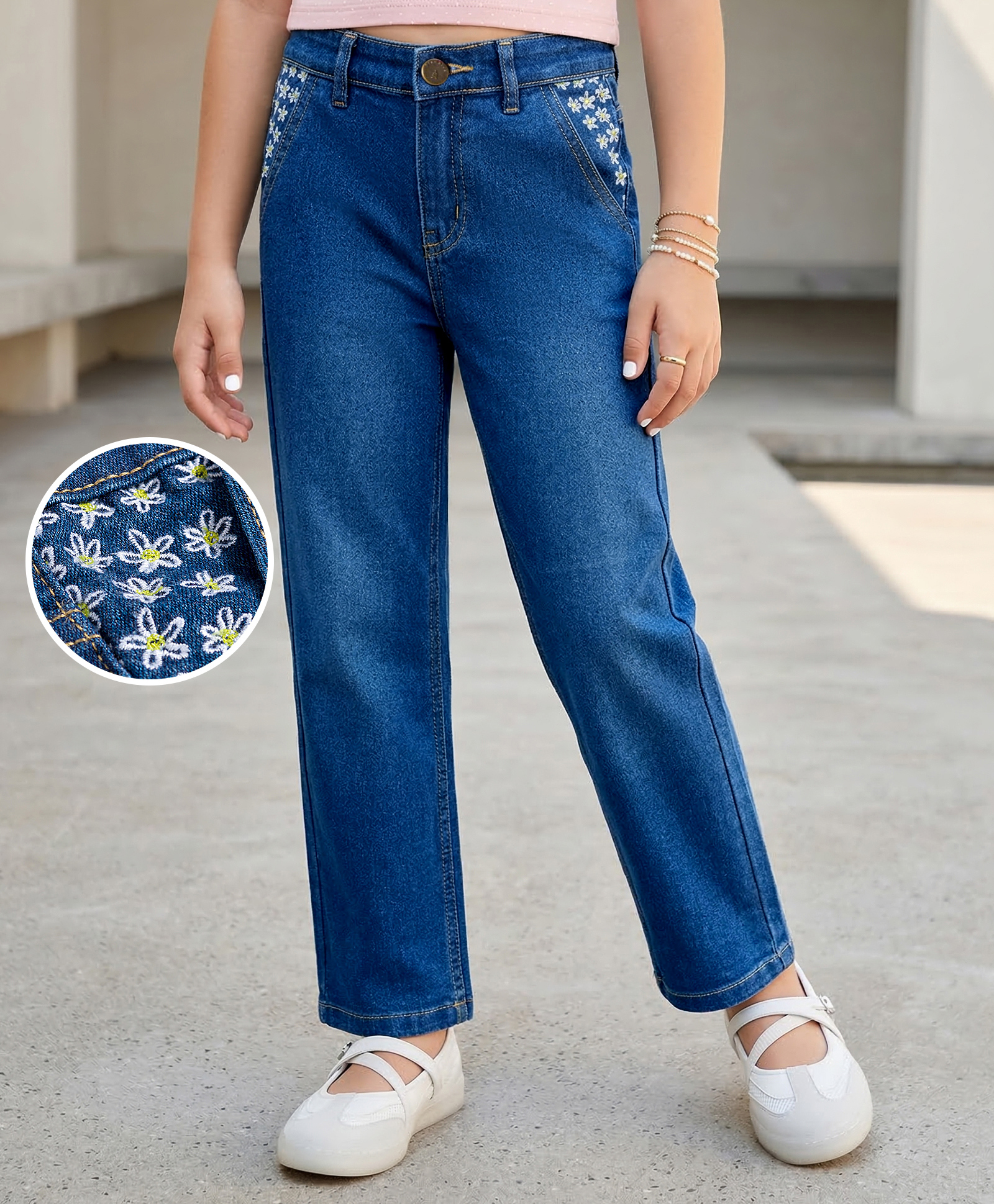 Pine Kids Denim Woven Full Length Jeans with Floral Embroidery - Blue-picture-28