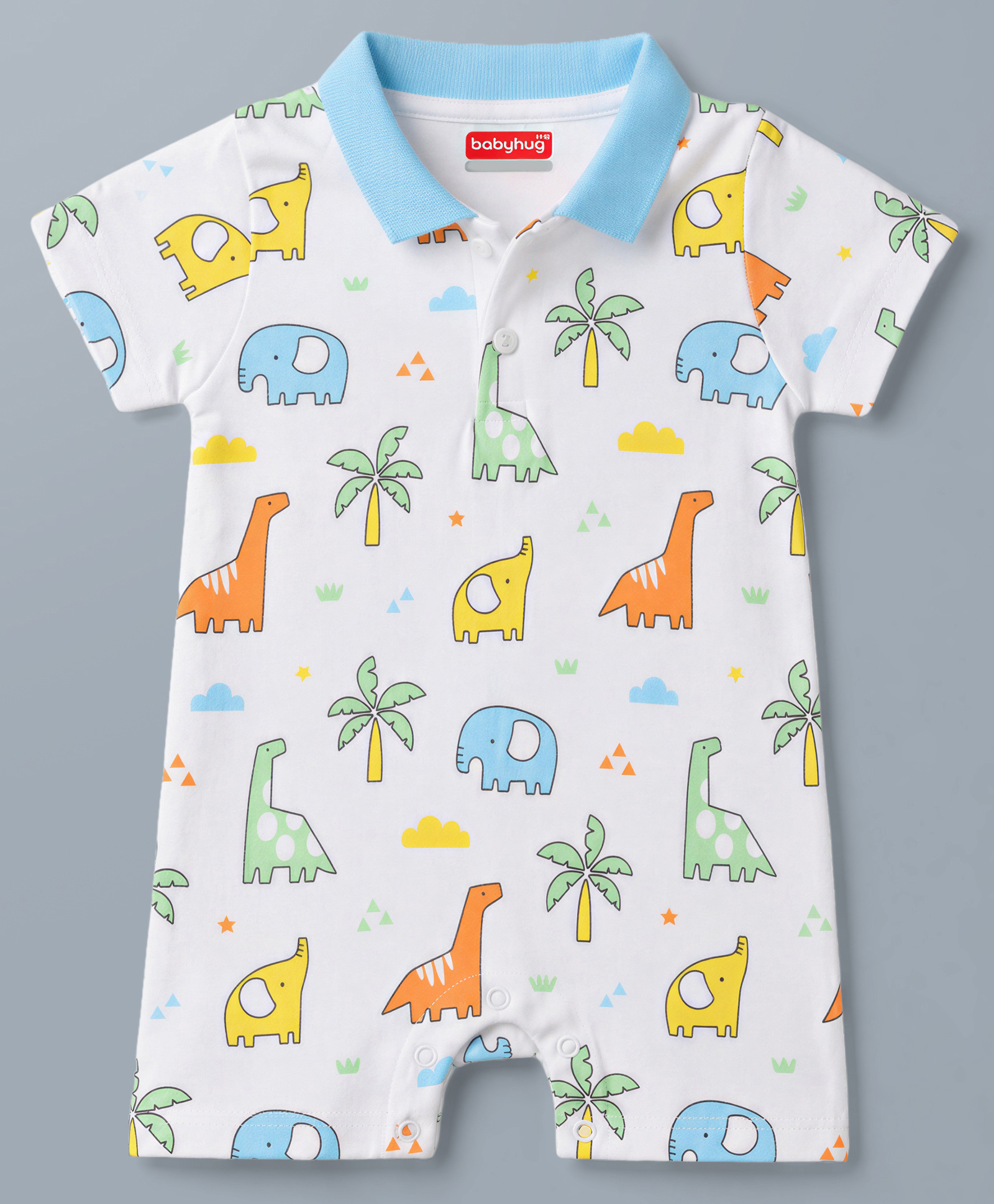 Babyhug 100% Cotton Knit Half Sleeves Romper with Dino Print - Multicolor-image-22