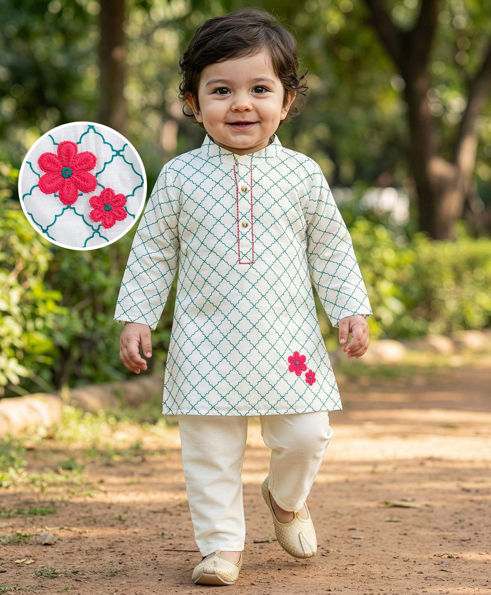 EARTHY TOUCH Woven Full Sleeves Printed Kurta Pajama with Floral Embroidery - Off White-image-13