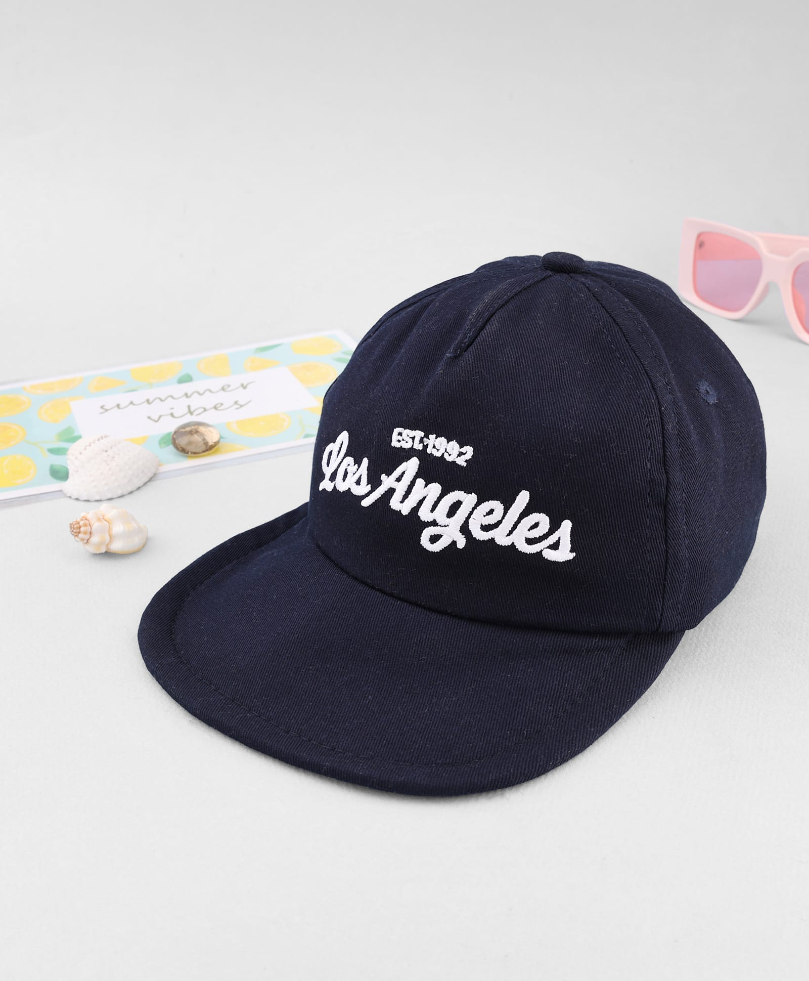 Babyhug Knit Woven Unisex Baseball Cap With Los Angeles Text Embroidery Navy Blue - Diameter 18 cm-picture-19