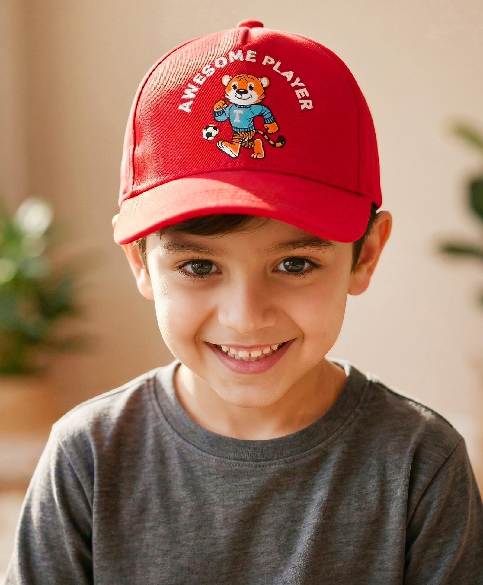 Babyhug Cotton Knit Woven Baseball Cap With Animal Print & Embroidery Red - Diameter 17 cm-image-41