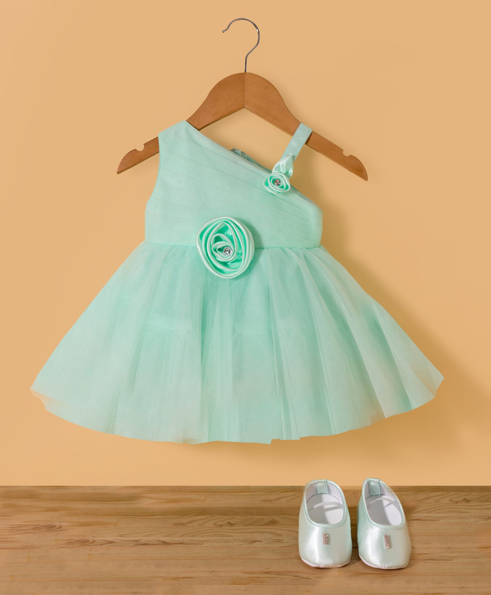Blabber Sleeveless Stone Embellished Floral Applique Detailed Knee Length Dress With Booties - Sea Green-image-49
