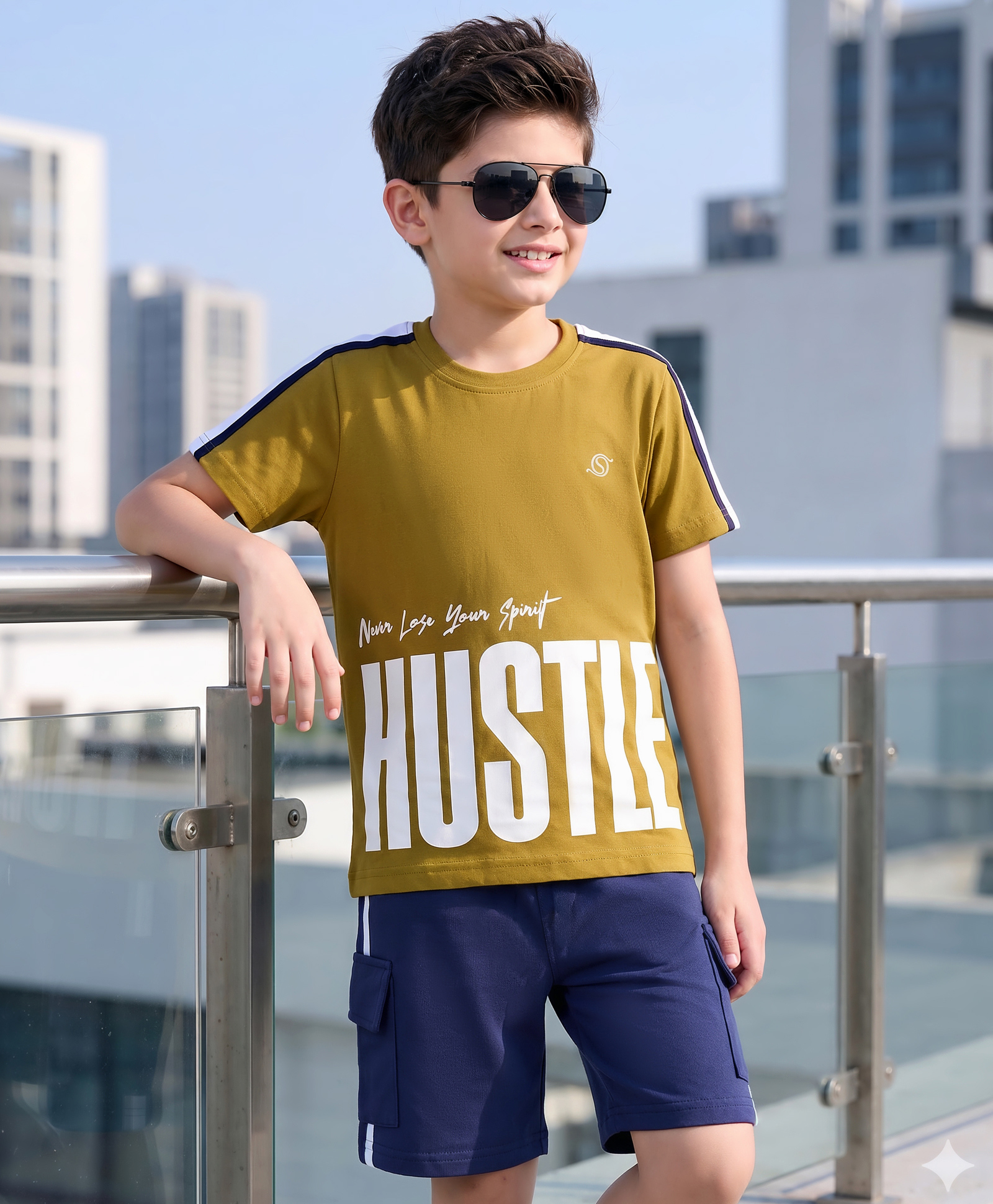 OLLINGTON ST. Cotton Knit Half Sleeves T-Shirt With Print & Shorts Set - Olive & Black-picture-38