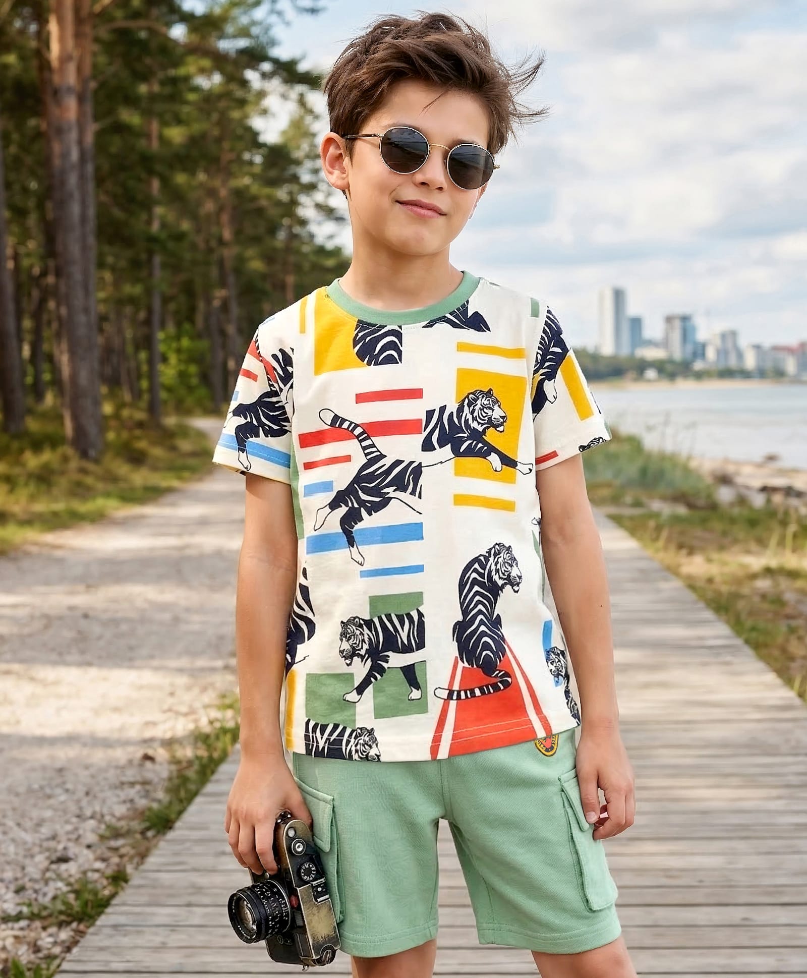 OLLINGTON ST. Cotton Knit Half Sleeves Tiger Printed T-Shirt & Shorts Set - Multi & Olive-image-39