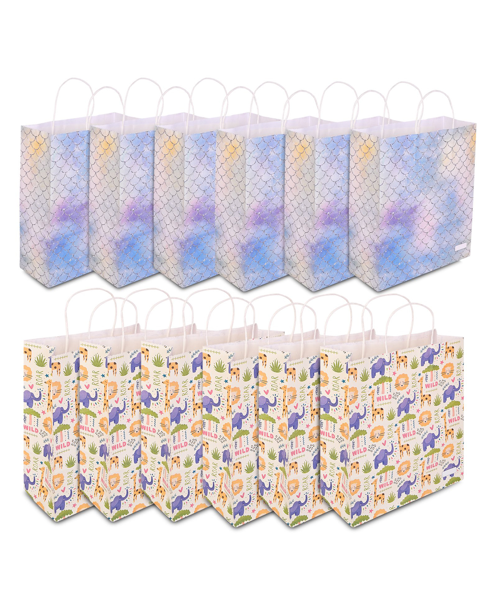 Asera Paper Gift Bags, 12x10x3 Inches, Party Favor Goodie Bags, Reusable Paper Return Gift Bags (Jungle & Mermaid (12 Pcs))