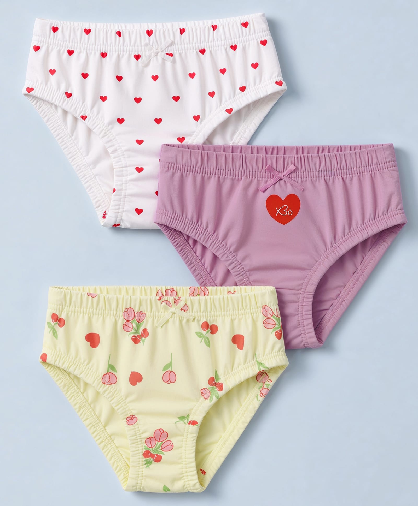 Babyoye Cotton Elastane Knit Panties With Floral & Heart Print Pack of 3 - Purple Yellow White-image-10