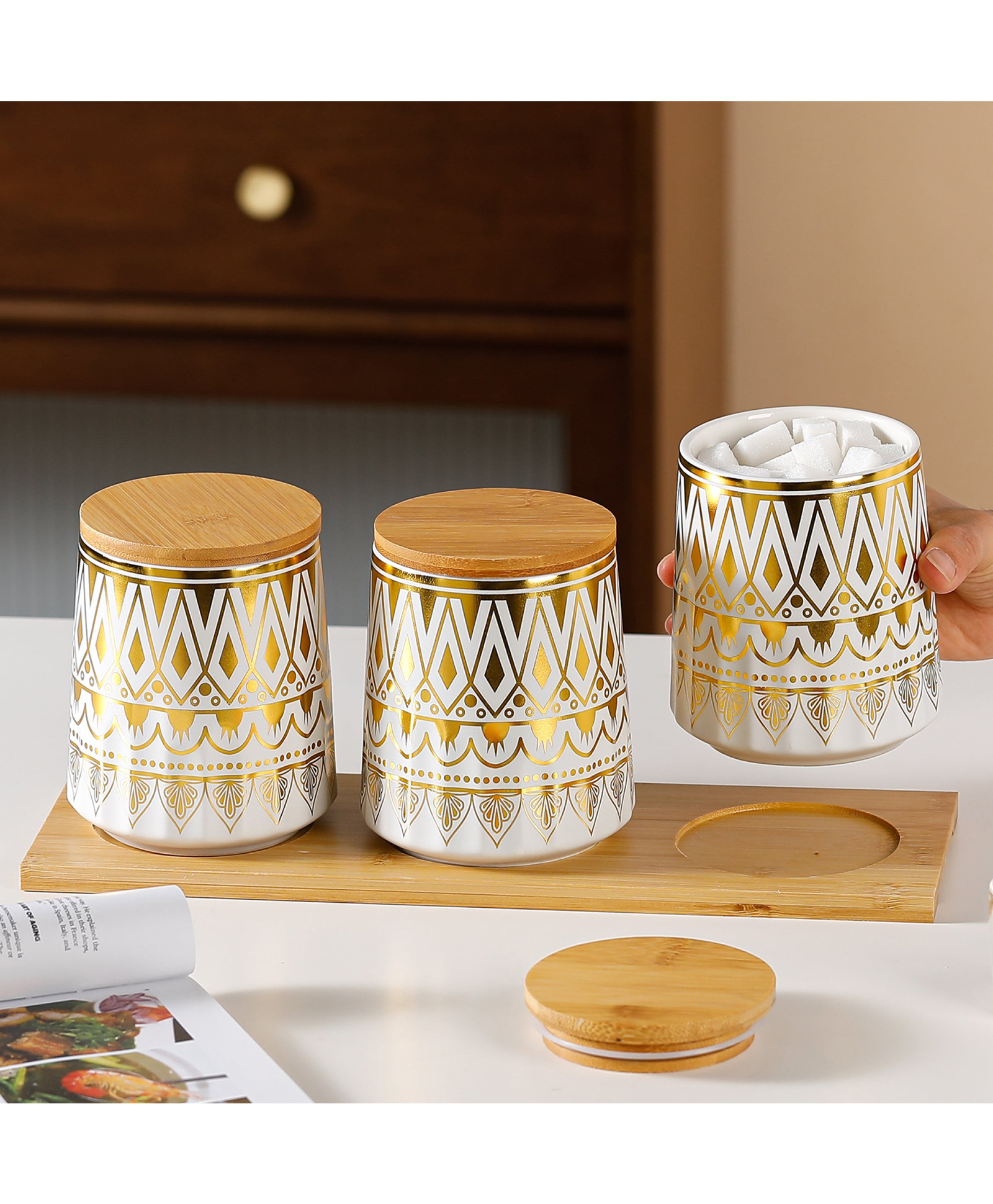the better home Ceramic Jars with bamboo Lid|Set of 3 with bamboo tray|650ml Each | PLS3702-1 | Multi-colour-picture-17