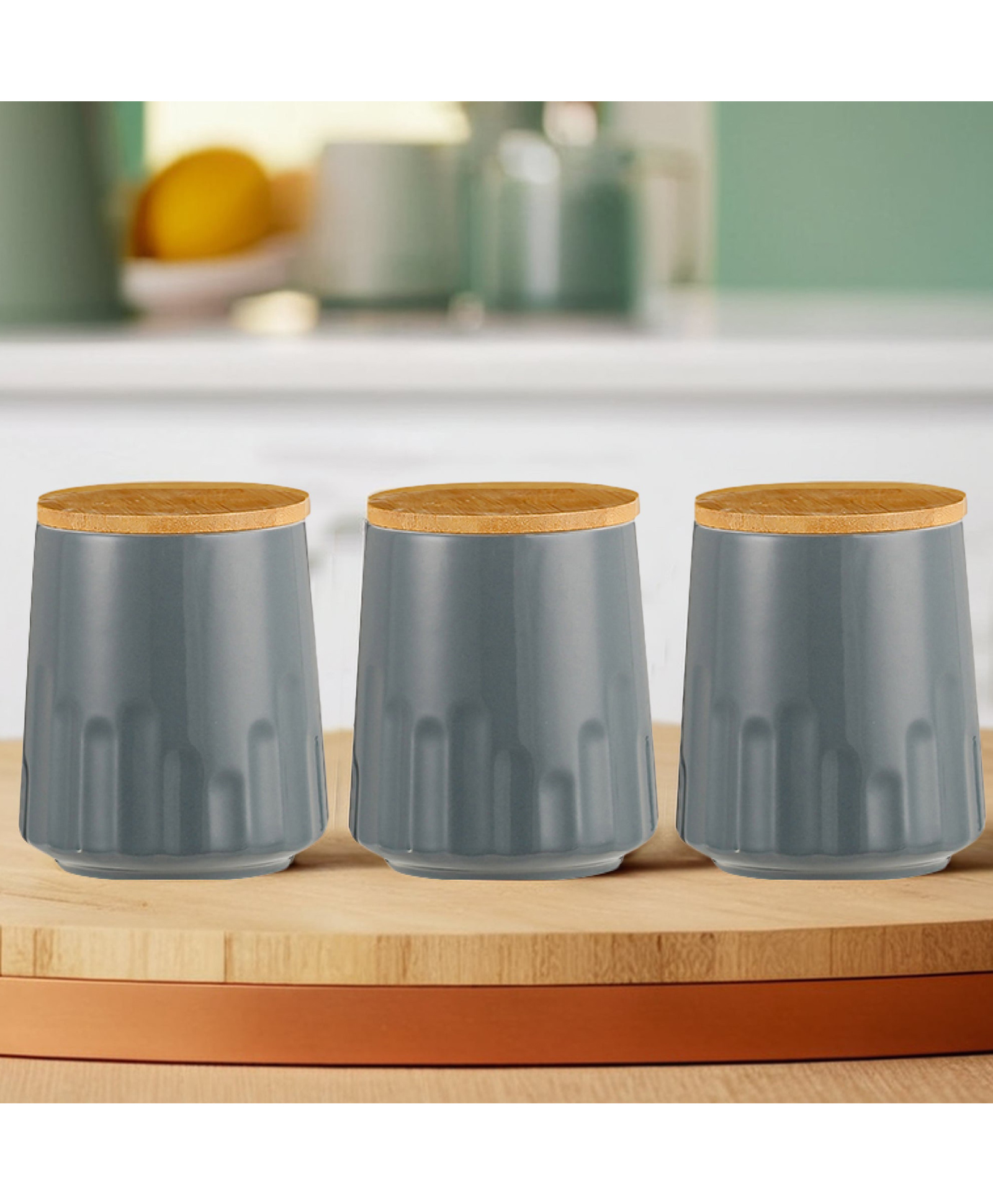 Ceramic Jars with Bamboo Lid|Set of 3 without holder|650ml Each | PLS3704-GY-L | Grey-image-7