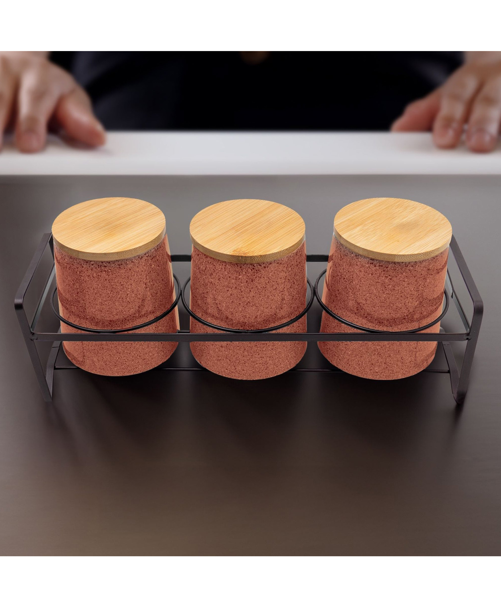 3 Pcs Ceramic Jar Set with Bamboo Lid Iron Holder|650ml Each | Orange | HHD5013S-OG-image-40