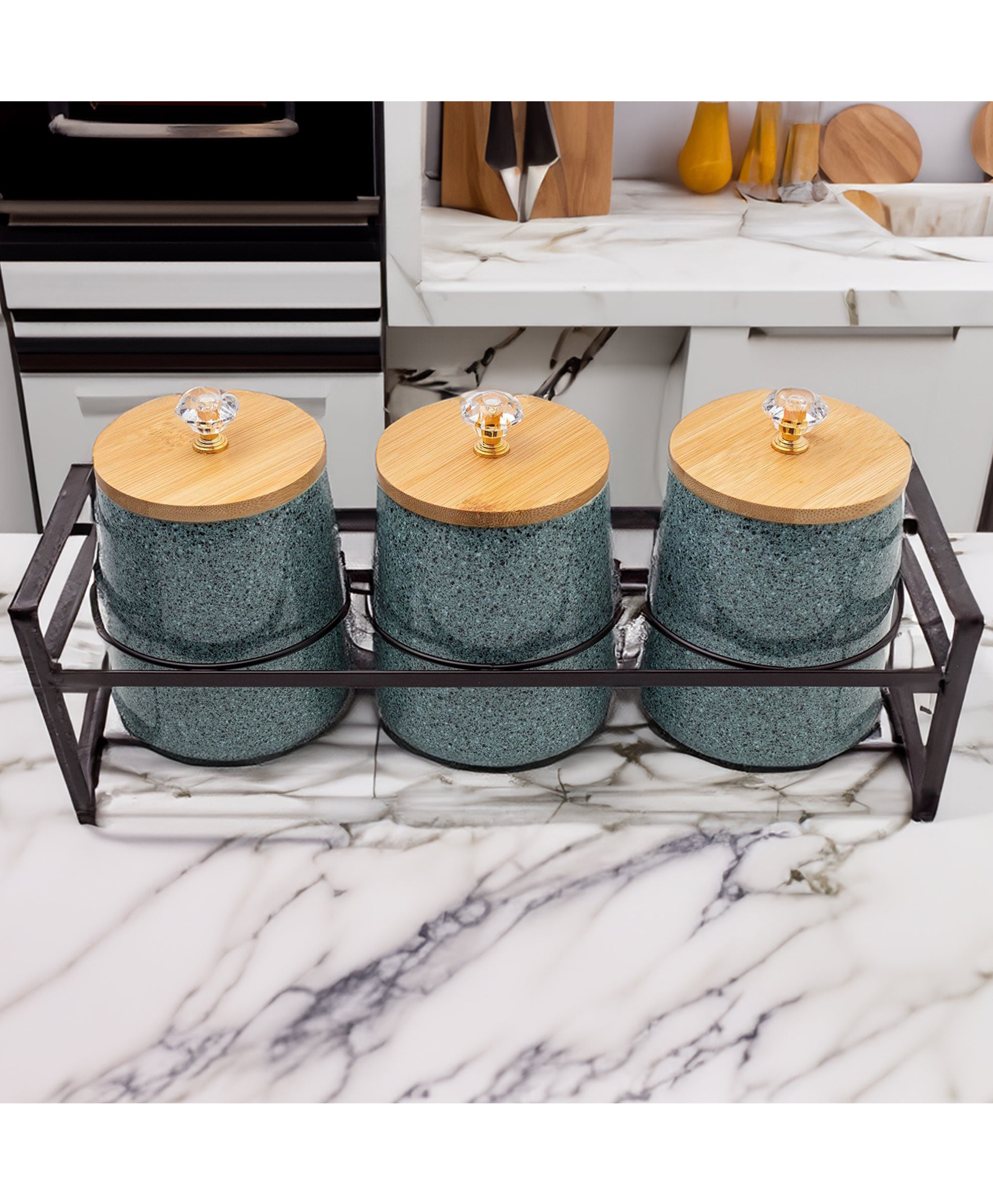 3 Pcs Ceramic Jar Set with Bamboo Lid Iron Holder|650ml Each | Grey | HHD5027S-GY-image-45