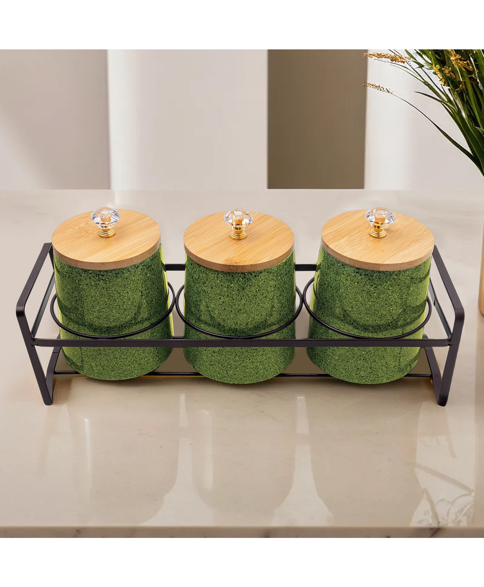 3 Pcs Ceramic Jar Set with Bamboo Lid Iron Holder|650ml Each | Green | HHD5027S-GN-image-46
