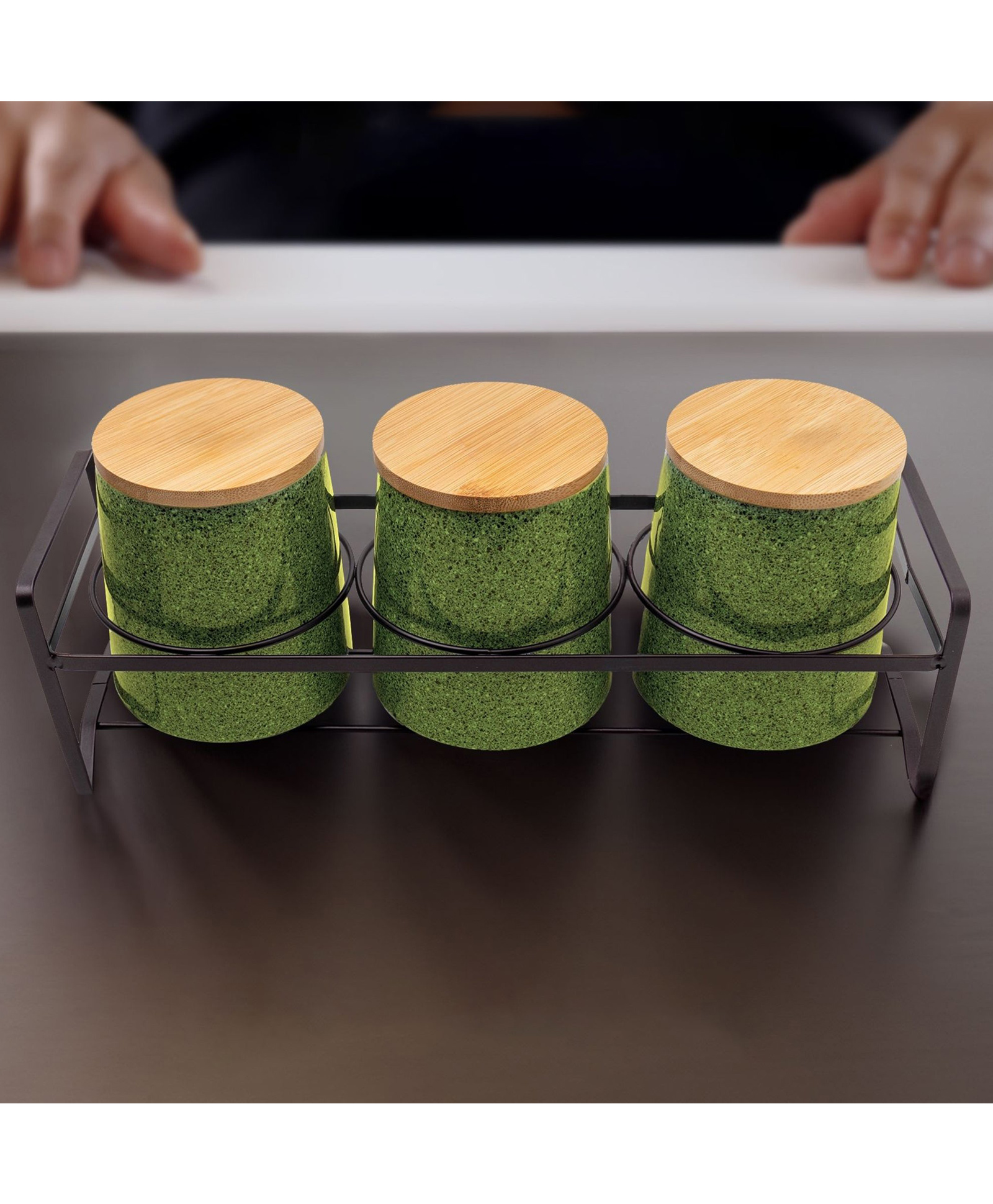 3 Pcs Ceramic Jar Set with Bamboo Lid Iron Holder|650ml Each | Green | HHD5013S-GN-image-47
