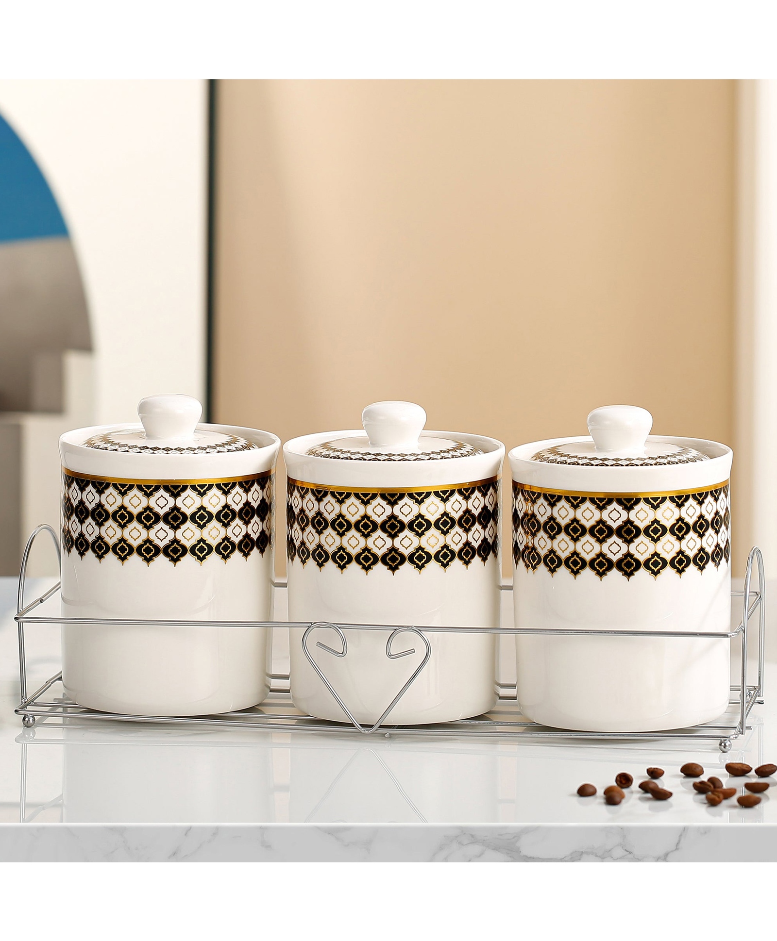 Ceramic Jars with Ceramic Lid|Set of 3 with iron holder|700ml Each | PLST300-D | Multi-colour-image-48