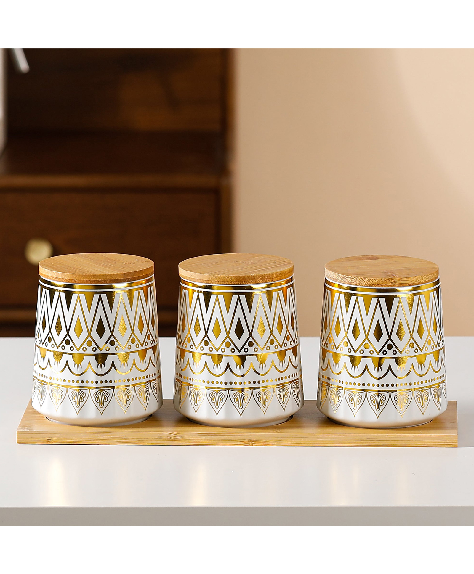 the better home Ceramic Jars with bamboo Lid|Set of 3 with bamboo tray|650ml Each | PLS3702-1 | Multi-colour-picture-18