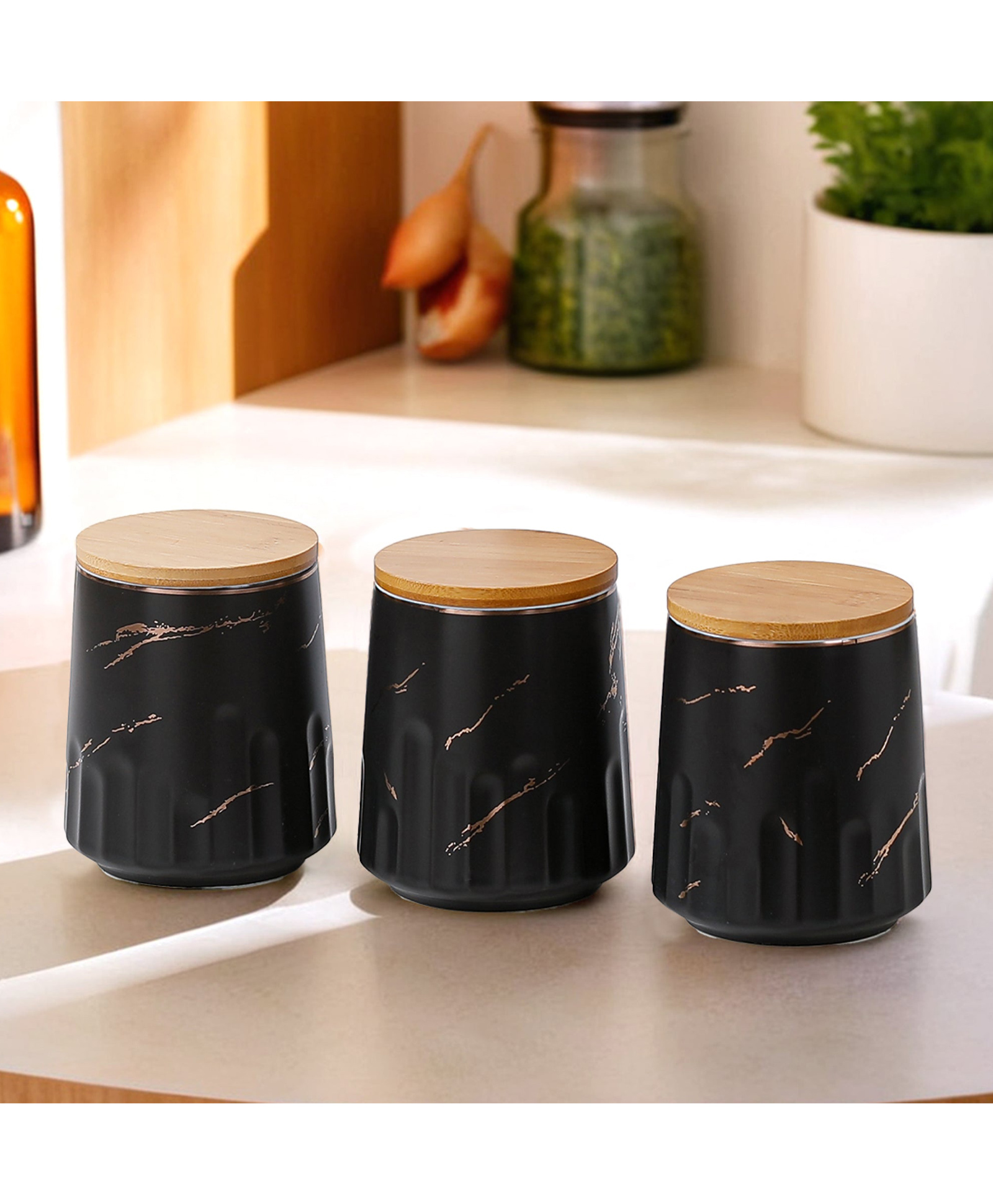 Ceramic Jars with Bamboo Lid|Set of 3 without holder|650ml Each | PLS3703-L | Multi-colour-image-49