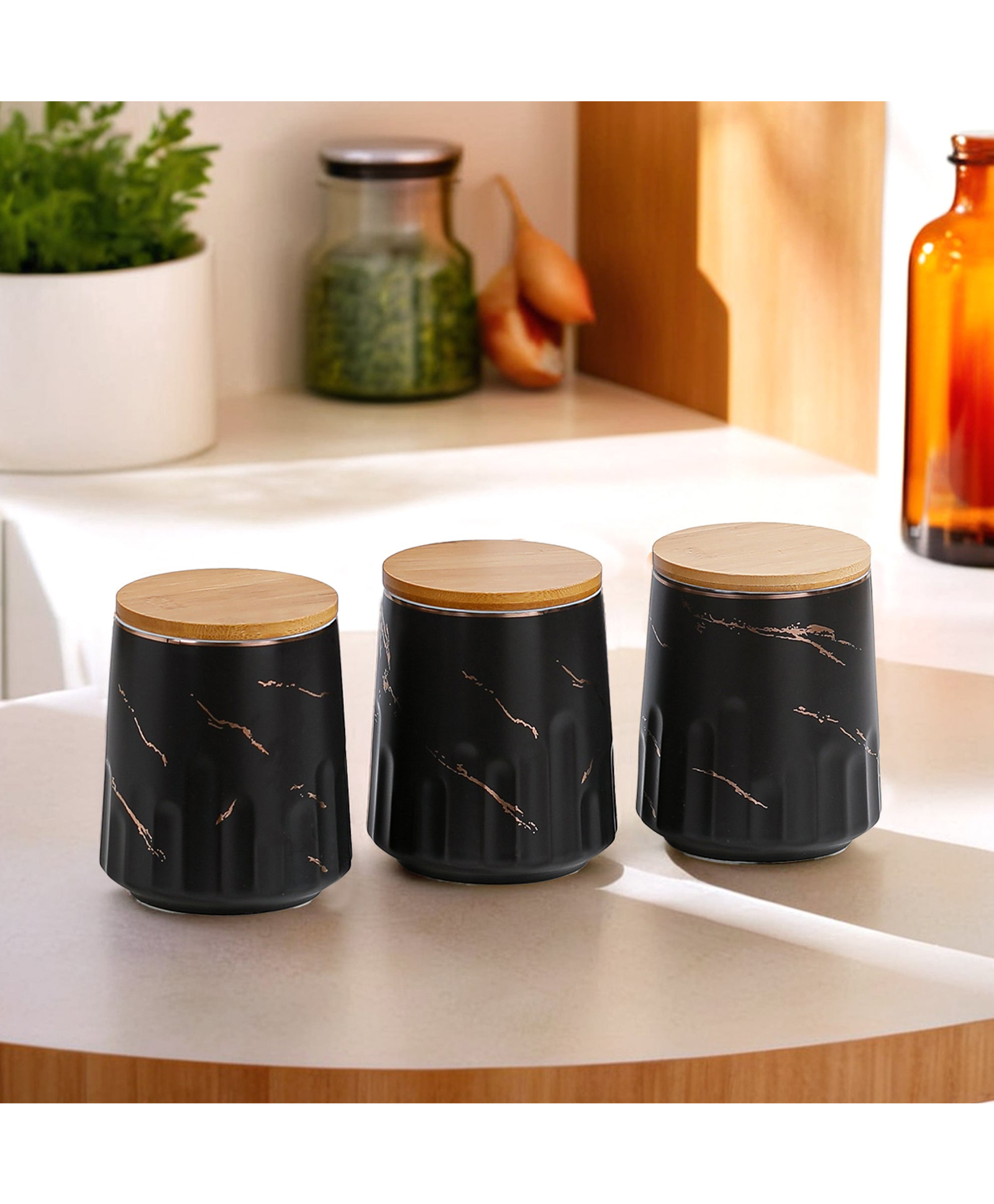 the better home Ceramic Jars with Bamboo Lid|Set of 3 without holder|280ml Each | PLS3703-S | Multi-colour-picture-24