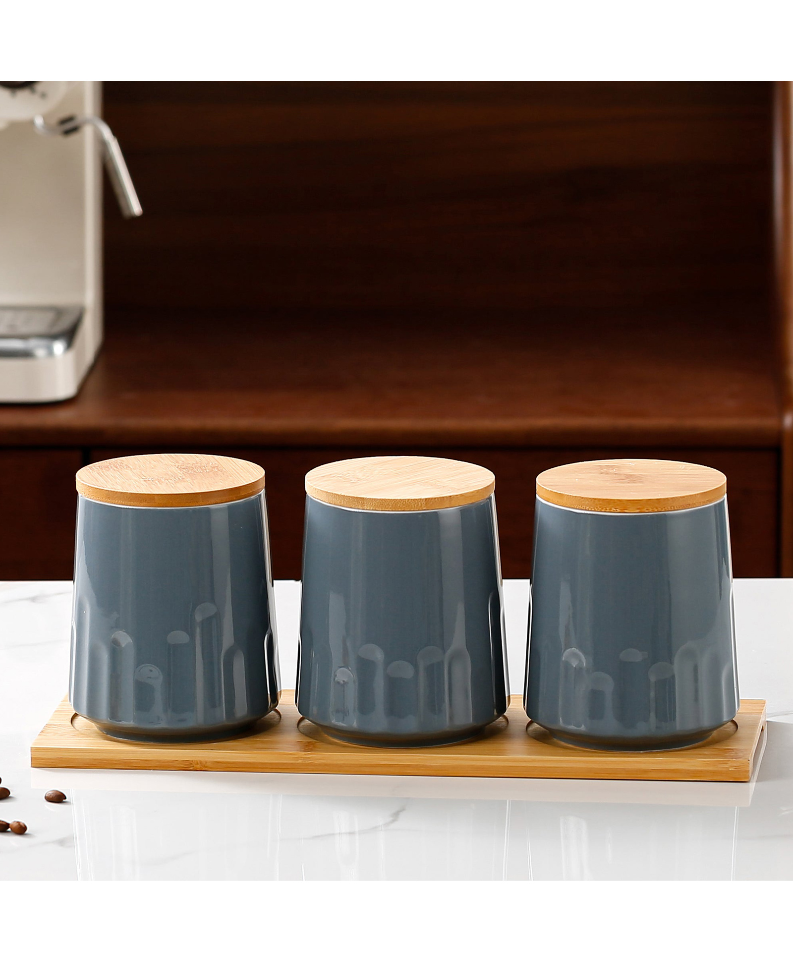 the better home Ceramic Jars with Bamboo Lid|Set of 3 without holder|650ml Each | PLS3704-GY-L | Grey-picture-2