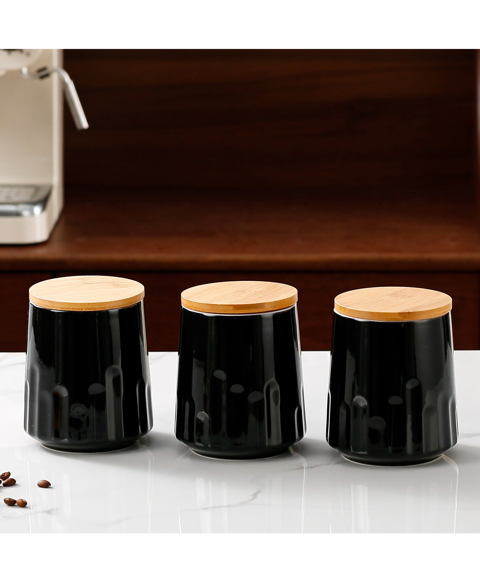 Ceramic Jars with Bamboo Lid|Set of 3 without holder|280ml Each | PLS3704-BK-S | Black-image-41
