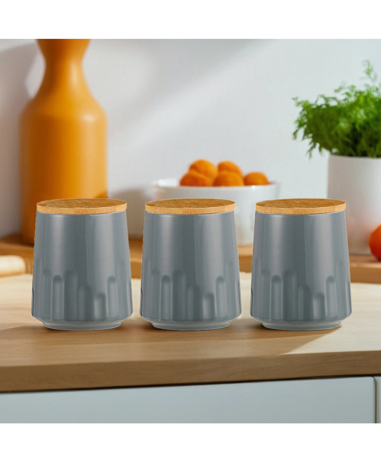 Ceramic Jars with Bamboo Lid|Set of 3 without holder|280ml Each | PLS3704-GY-S | Grey-image-29